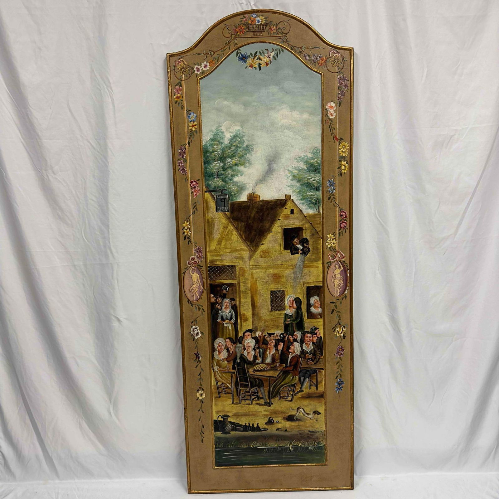 Hand Painted Art Large Wood Panel European 19th Century Scene Decorative Artwork Painting: Hand Painted Art Large Wood Panel European 19th Century Scene Decorative Artwork. This art piece shows a few noticeable signs of chips and minor cracks in the wood. The European scene is multicolored