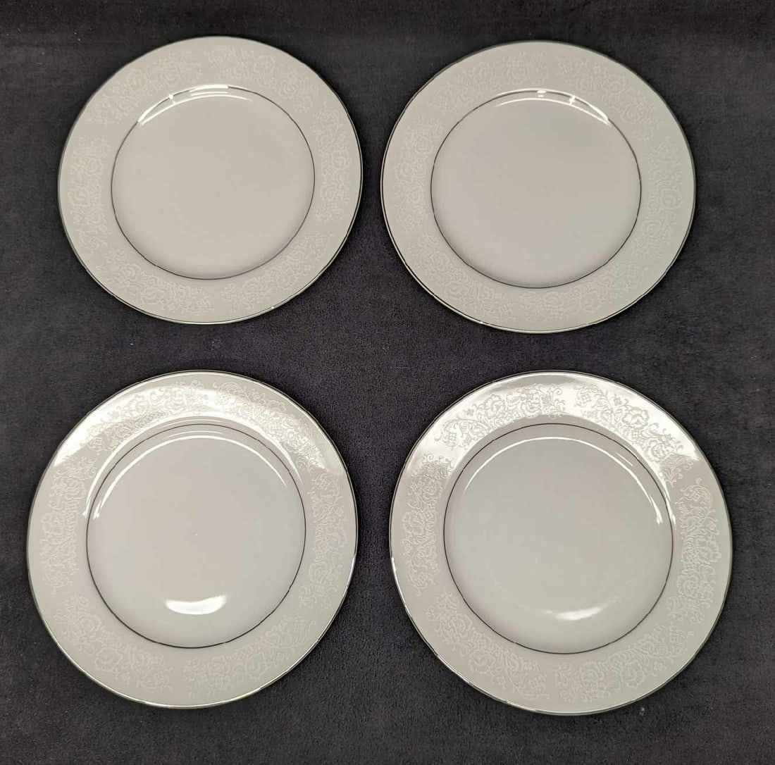 4 Retired International Fine China Juliet Salad Plates B: 4 Retired International Fine China Juliet Salad Plates B. Each plate is approx 7 5/8" x 7 5/8" x 3/4" and the total weight is 2.43 lbs. The plates do not have any chips or cracks.