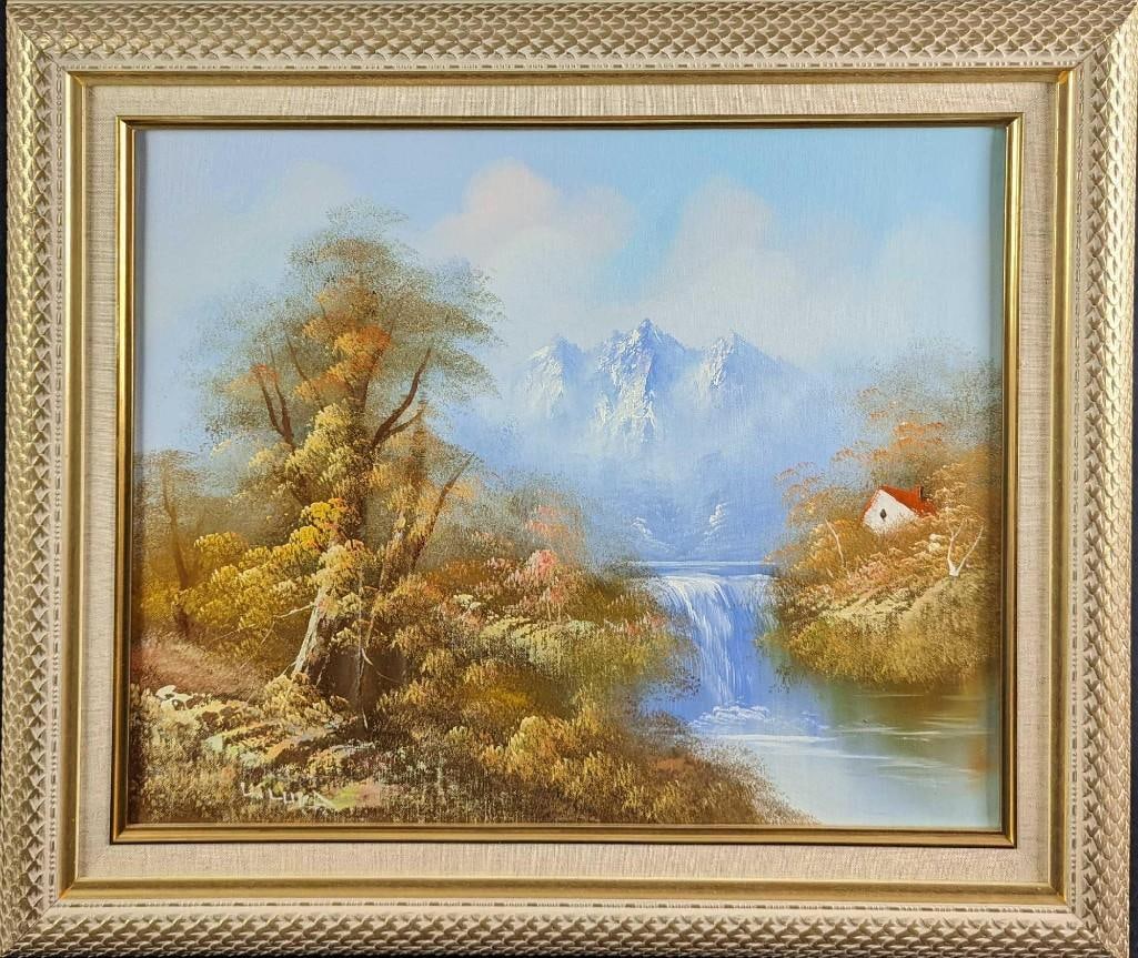 JB Framed Oil On Canvas Mountain Scene: JB Framed Oil On Canvas Mountain Scene. Framed original oil on canvas shows a mountain scene with some woods and the top of a cottage poking out of the woods. The original is signed by the