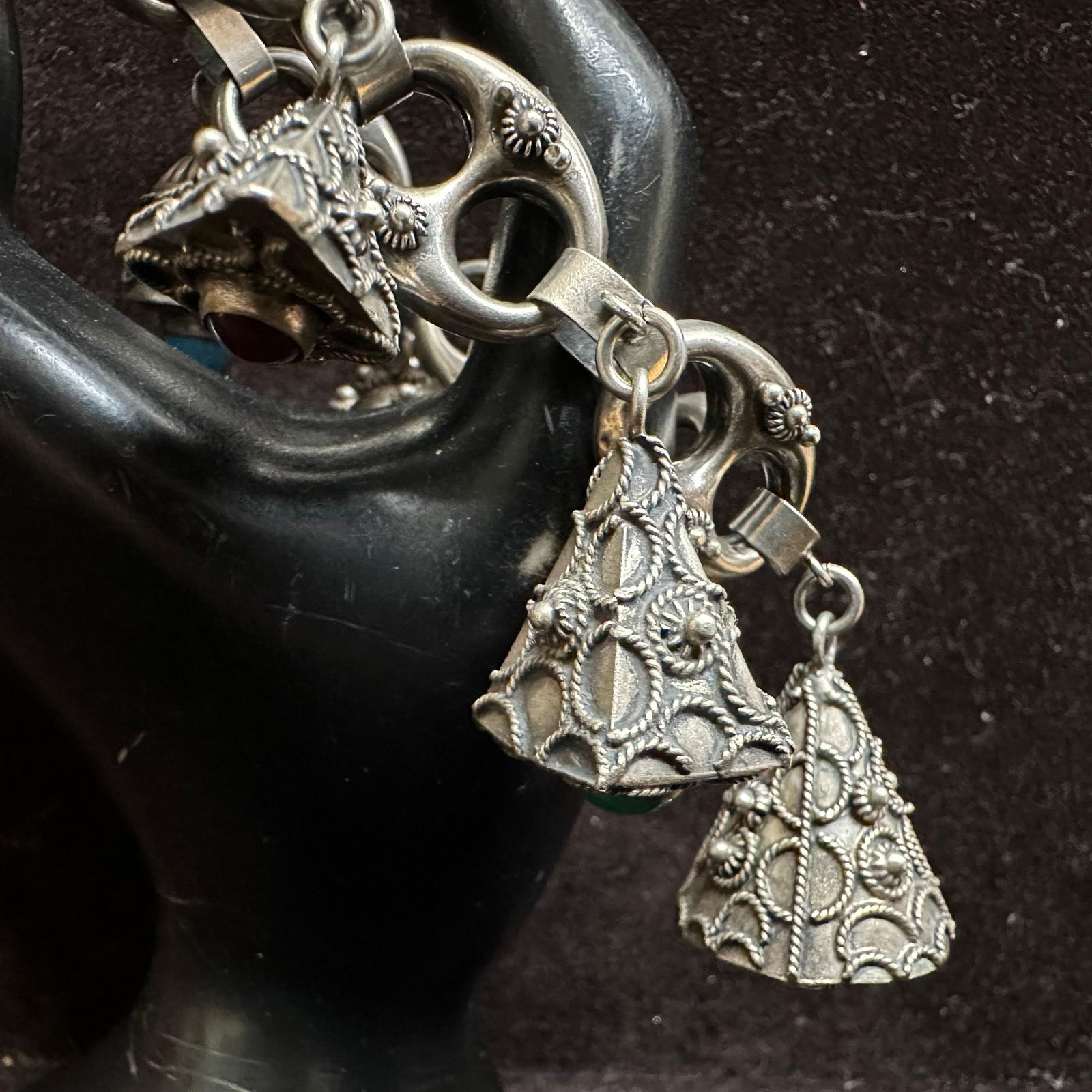 925 Sterling Silver Glass and Natural Stone Fob Charm Etruscan Revival Bracelet O16 (1 of 9)