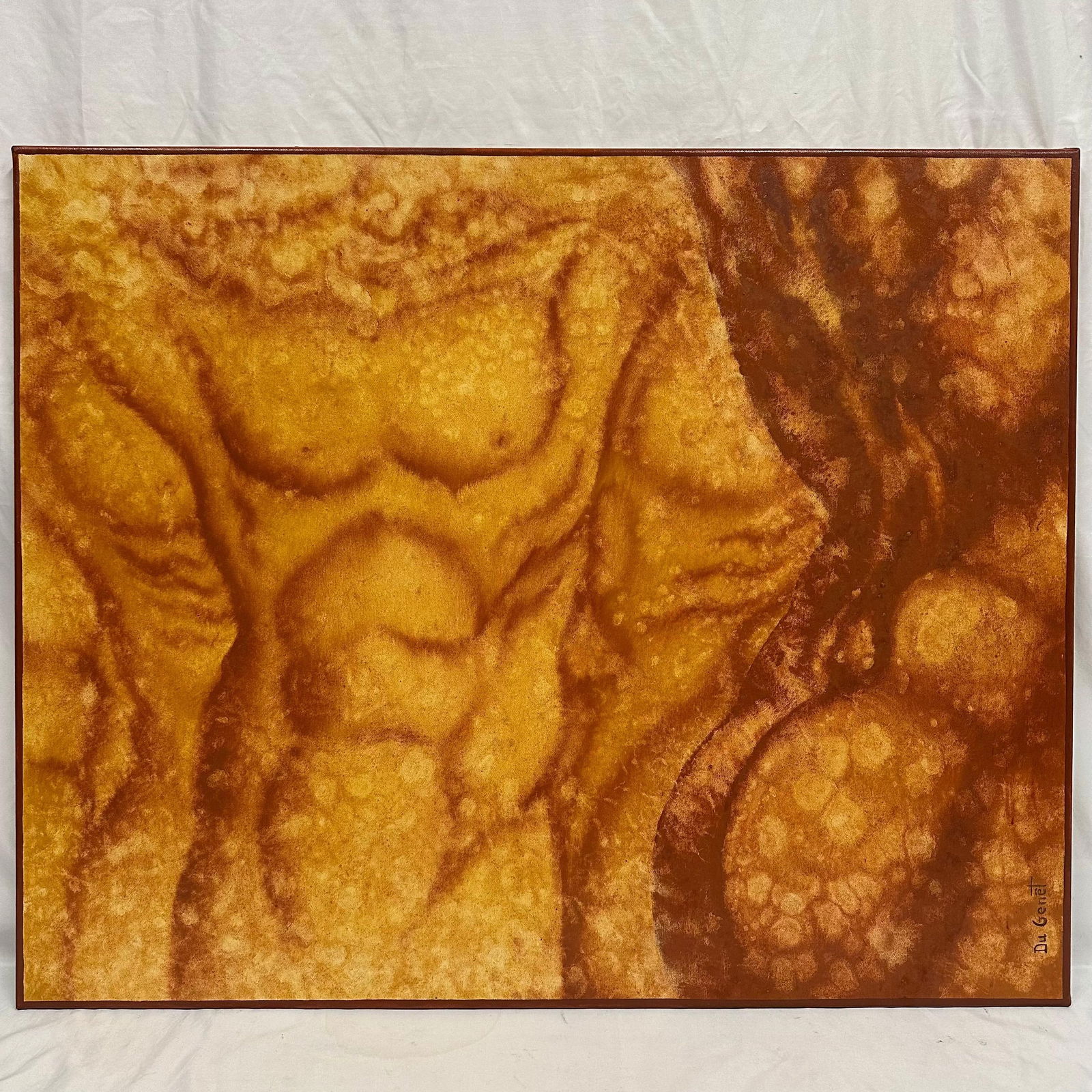 Medium Abstract Figural Torso Body Abs Painting by Du Genet: Medium original abstract oil painting by Gilles Du Genet depicting a stylized male torso rendered in warm brown and amber tones. Textured surface with organic, cellular patterns throughout. Signed