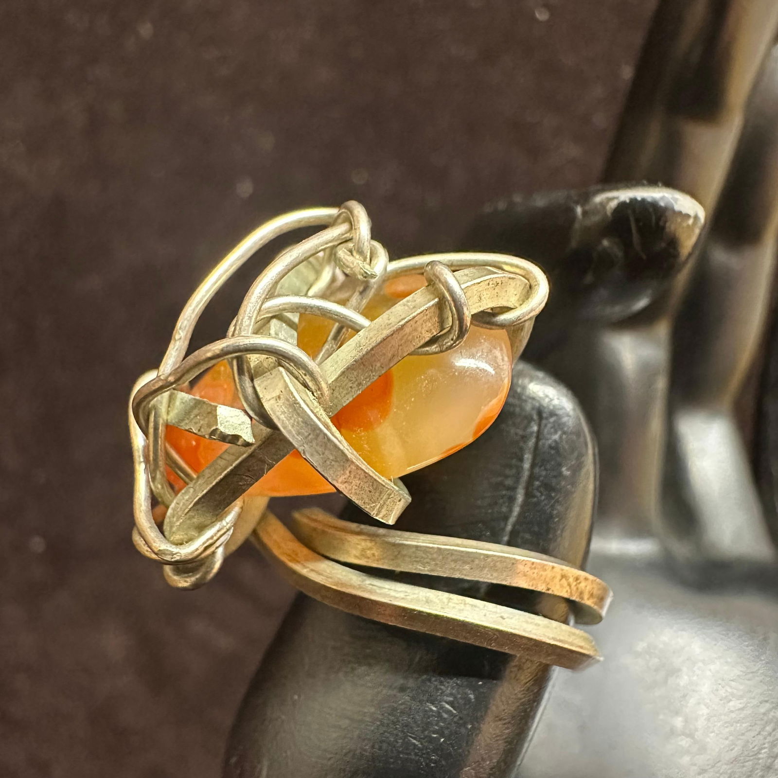 Silverwork Wired Crafted Orange Agate Stone Setting Silver Ring - 2