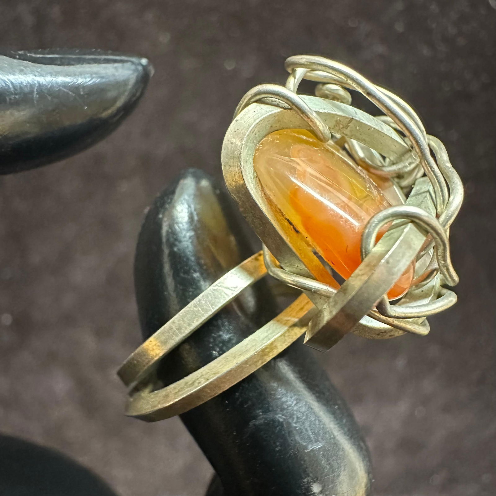 Silverwork Wired Crafted Orange Agate Stone Setting Silver Ring - 3