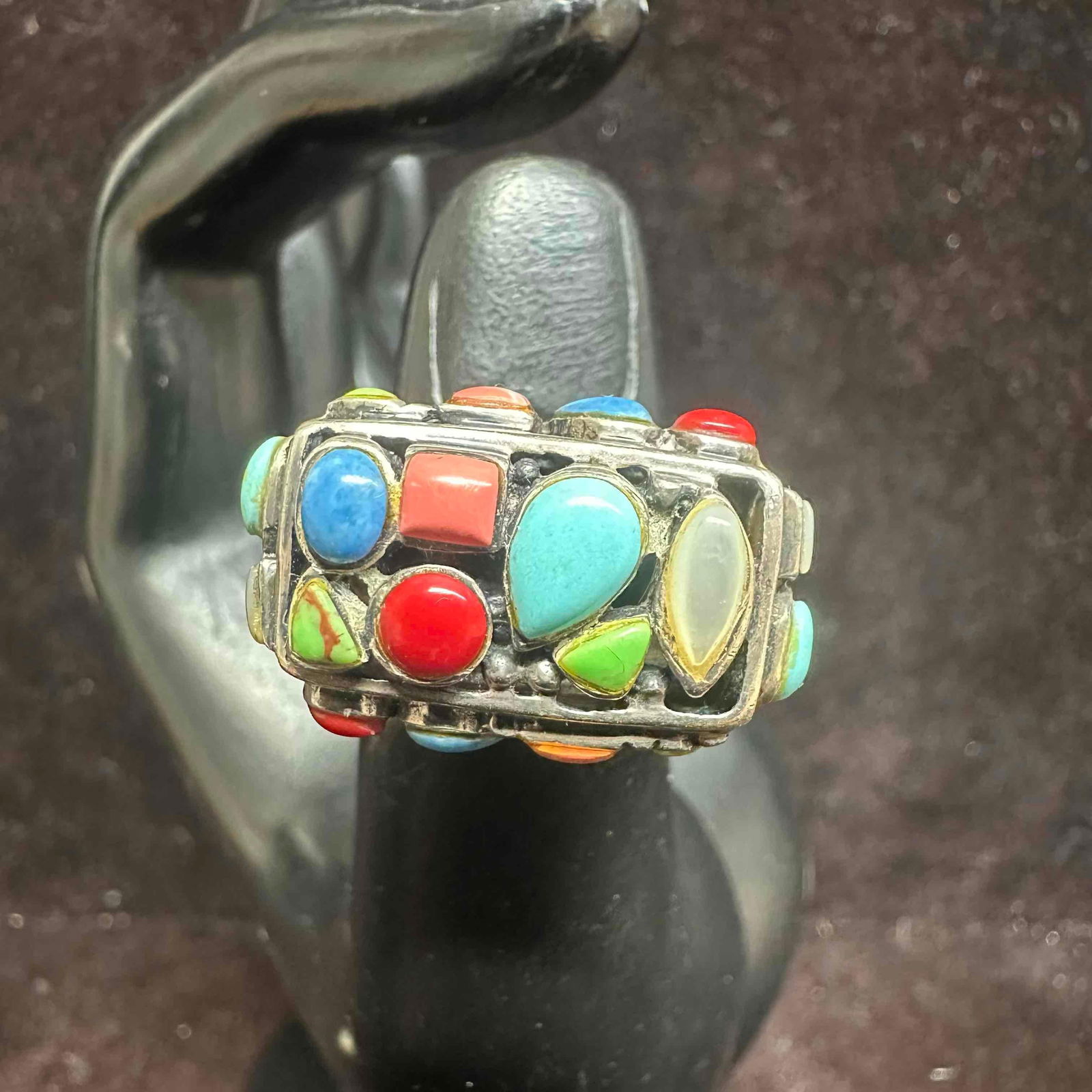 Multi Color Gemstone Cabochons Beaded Setting Sterling Ring Size 7: This item is in good pre-owned, previously used/displayed condition with noticeable light wear, and surface scratches. Please reference all photos for full details. This piece of jewelry has been test