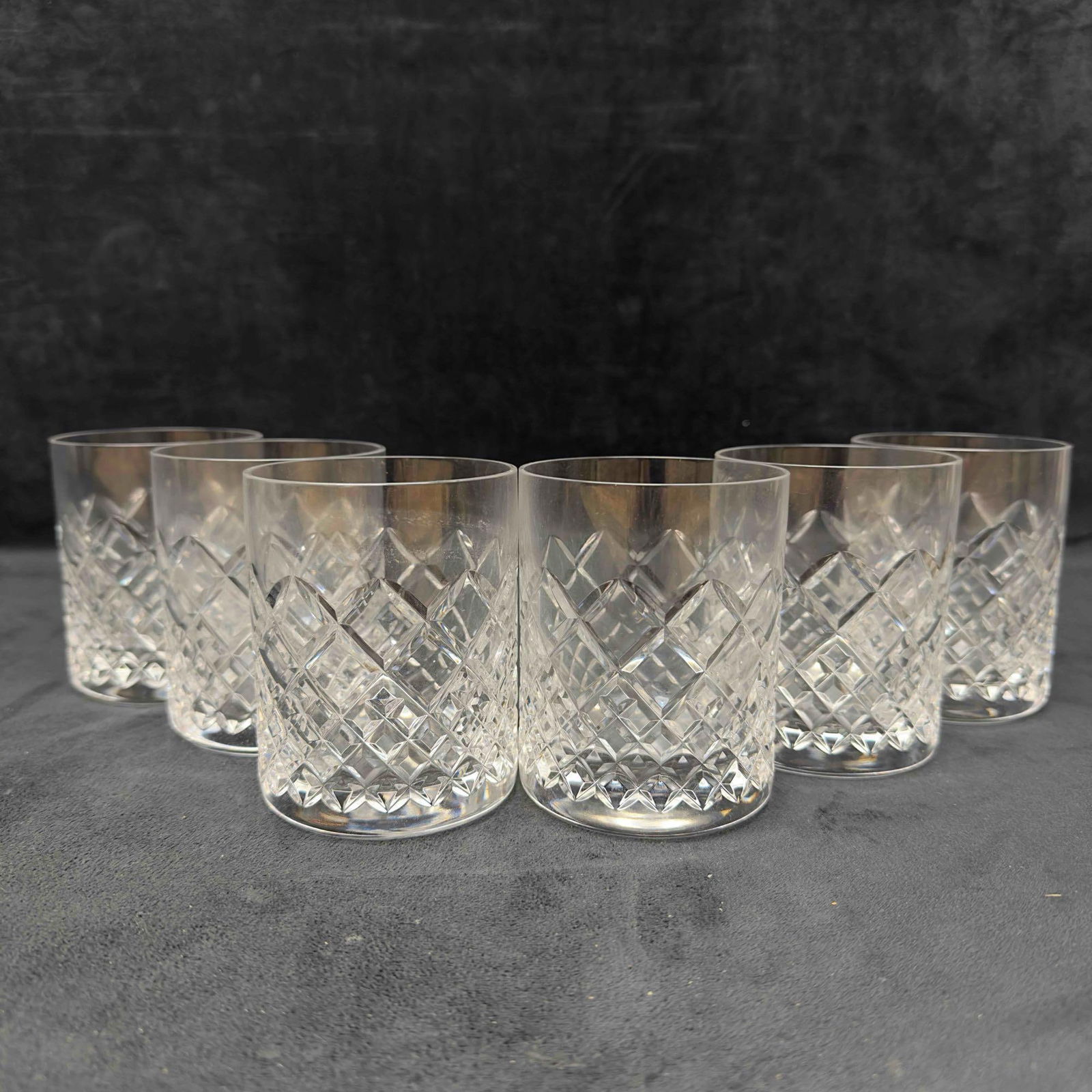 Cut Crystal Diamond Fan Motif Crystalware Double Old Fashion Cocktail Six Glasses Cup Set: Cut Crystal Diamond Fan Motif Crystalware Double Old Fashion Cocktail Glasses Cup Set. Crystal glass cups, solid hefty glass cup set featuring a fan/diamond motif. Includes a total of six (6)