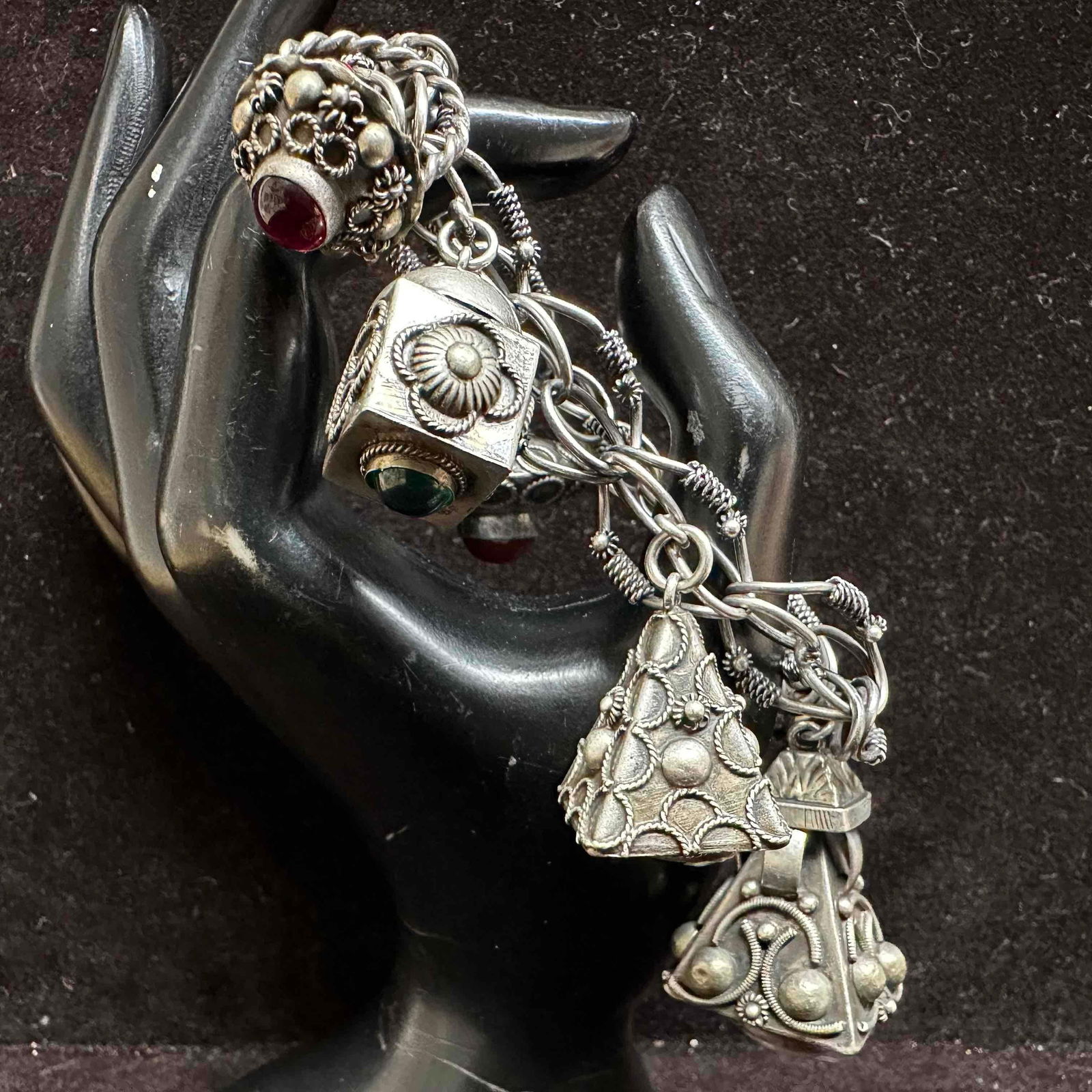 Etruscan Revival Style 800 Silver Charm Bracelet Seven Natural Stone Charms I1: This item is in good pre-owned, previously used/displayed condition with noticeable light wear, and surface scratches. Please reference all photos for full details. This piece of jewelry has been