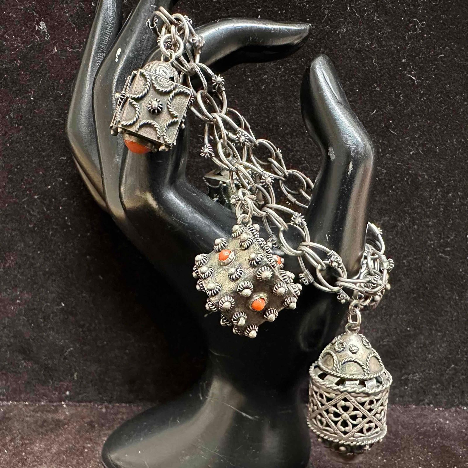 Spiny Oyster Shell Etruscan Revival Style Ornate Filigree Fob Charm Bracelet 800 Silver H65: This item is in good pre-owned, previously used/displayed condition with noticeable light wear, and surface scratches. Please reference all photos for full details. This piece of jewelry has been