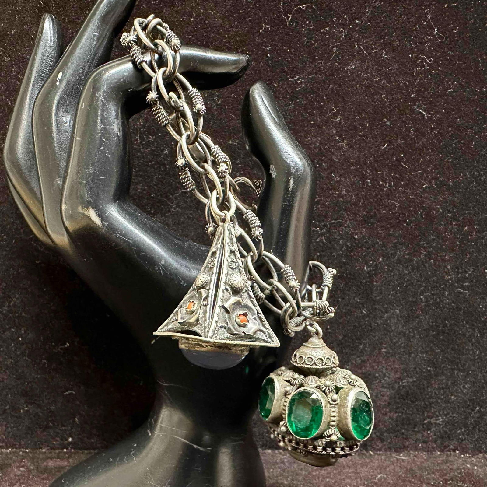 Chalcedony and Faux Green Glass Stone Charms 800 Silver Etruscan Revival Style Link Bracelet H54: This item is in good pre-owned, previously used/displayed condition with noticeable light wear, and surface scratches. Please reference all photos for full details. This piece of jewelry has been