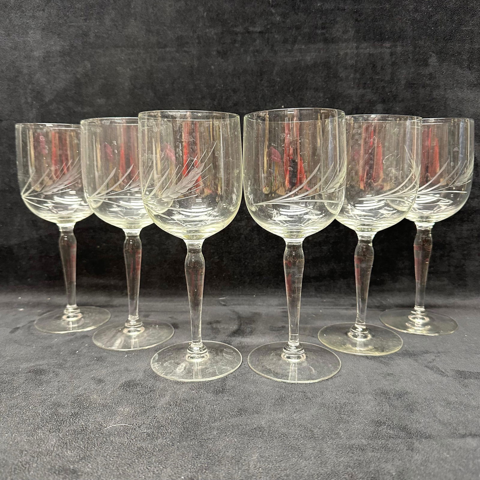 Set of Six Cut Crystal Wine Glasses with Etched Leaf Motif (1 of 5)
