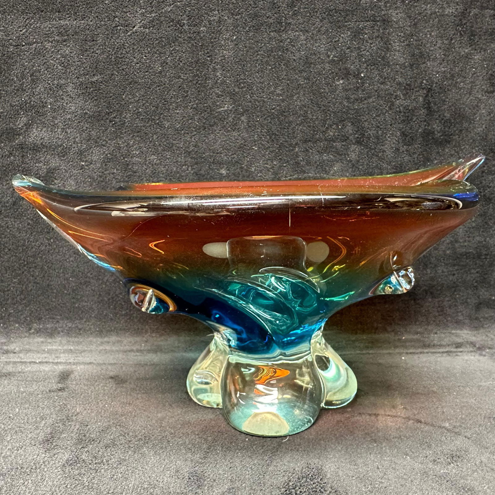 Murano Style Hand Blown Art Glass Footed Bowl with Sculptural Rim Amber Blue Colored (1 of 9)