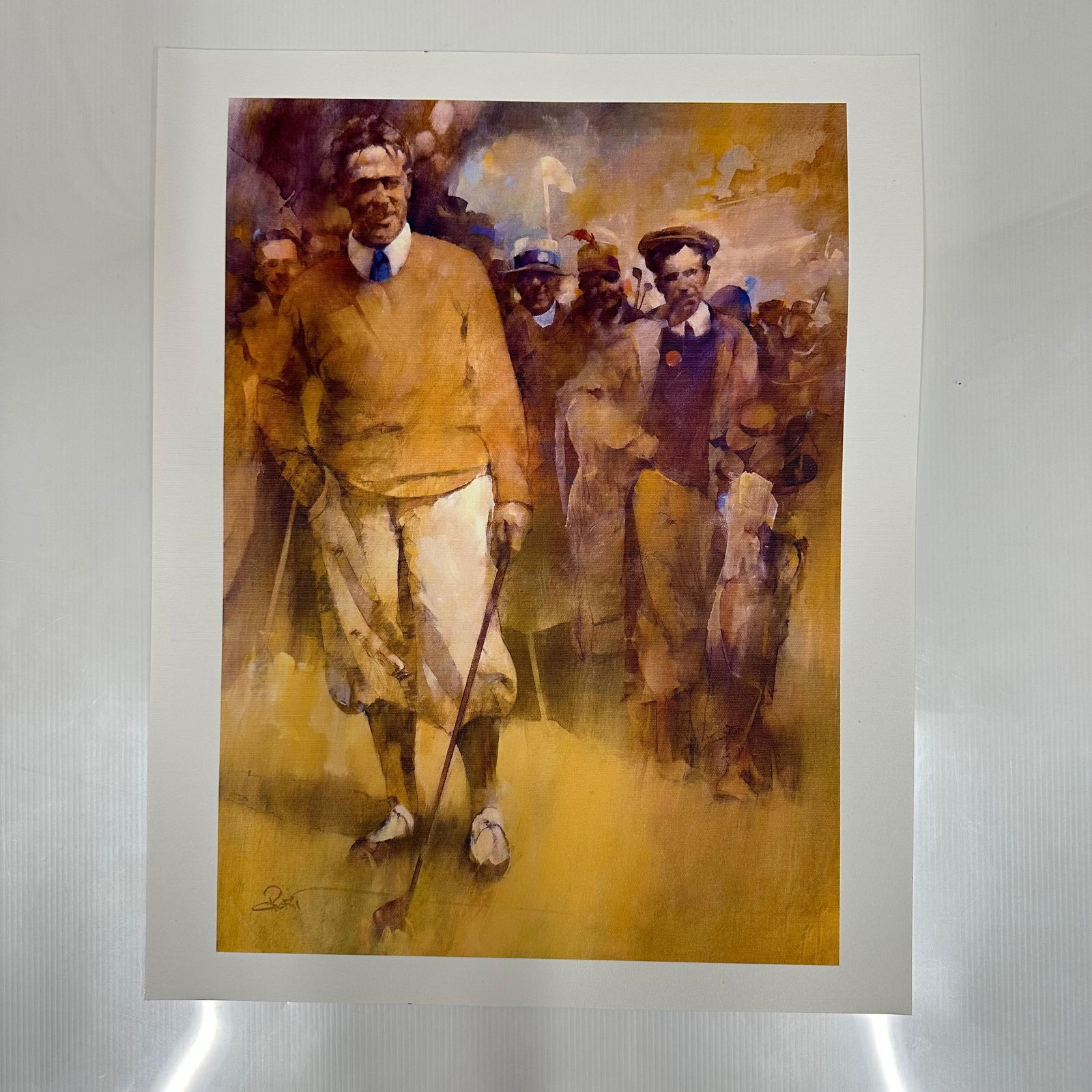 Old Guard Giclee Art Print of Golfers Printed on Canvas Textured Paper: Giclee art print depicting golfers with a crowd of spectators in the background. Printed on canvas-textured paper. The image presents a painterly, impressionistic style with warm tonal coloration.