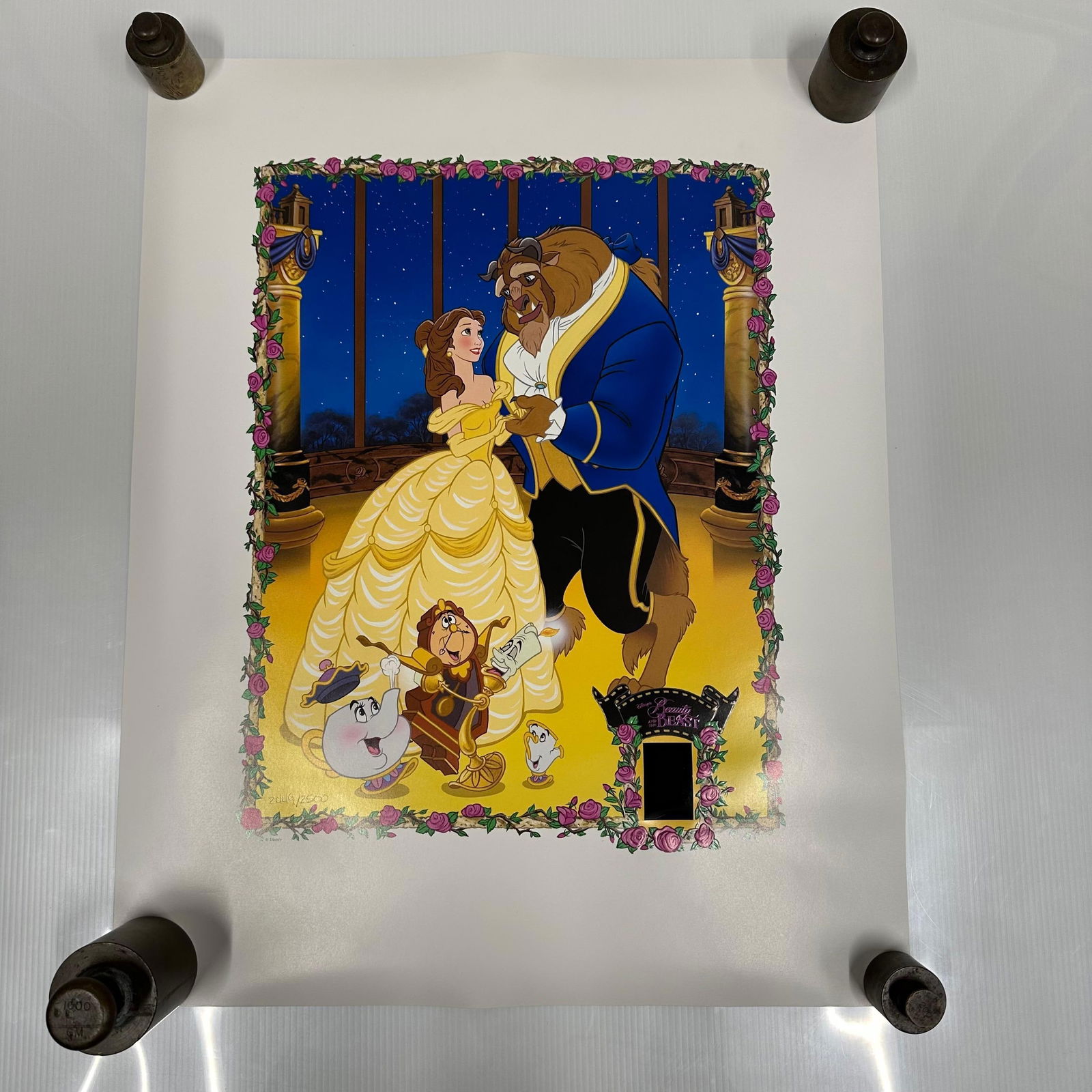 Beauty and the Beast Lithograph with Belle Frightened Scene Film Cel: Limited edition Disney Beauty and the Beast lithograph featuring Belle and the Beast dancing, accompanied by an embedded original film cel. Officially licensed Disney merchandise produced by