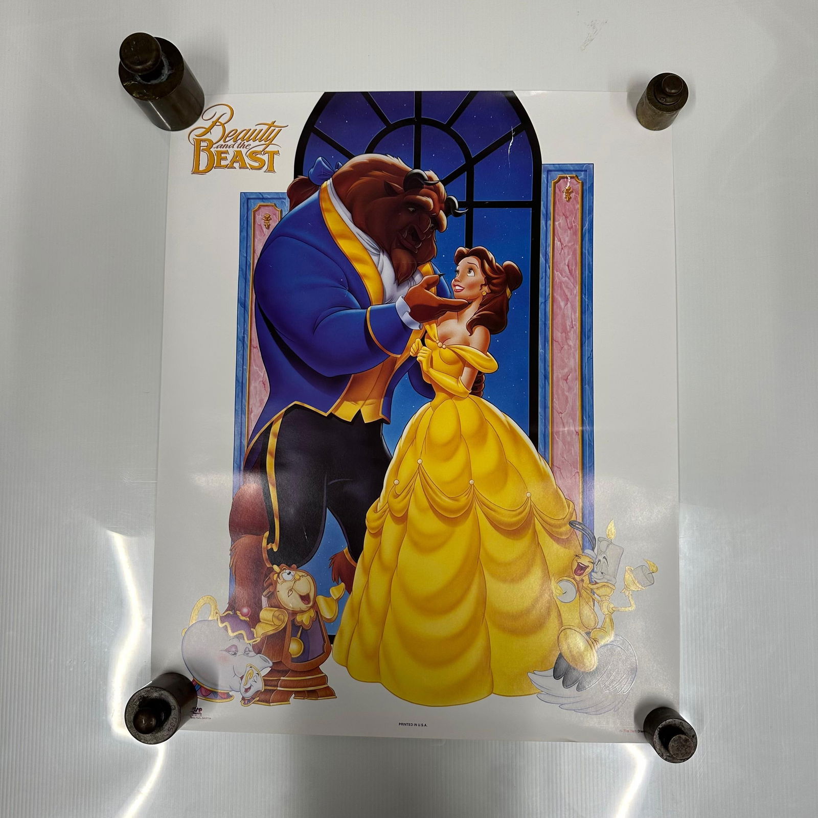 Disney Beauty and the Beast Animated Movie Poster Belle and Beast Dance Scene: Original Disney animated movie poster featuring Belle and the Beast in the iconic ballroom dance scene from Beauty and the Beast. The artwork depicts Belle in her yellow gown with the Beast in formal