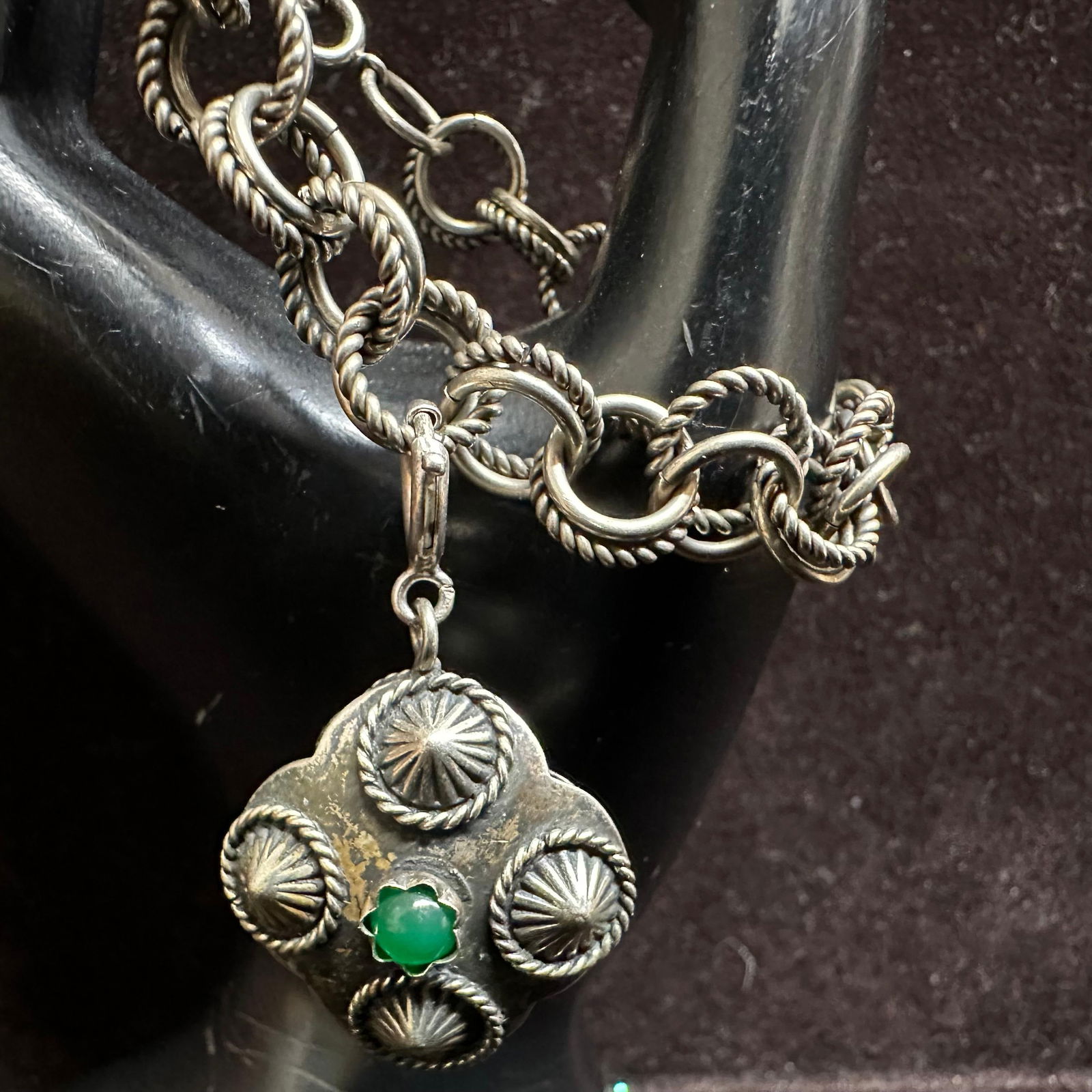 Etruscan Revival Style Glass Faux Stone Ornate Charm Silver Tone Bracelet T65: Base metal bracelet, no hallmarks, no further identifying markings, with faux stone accents. This item is in good pre-owned, previously displayed condition with light wear and surface scratches. Pleas