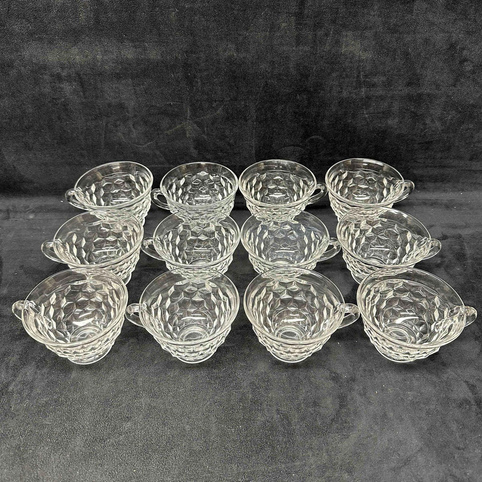 Fostoria American Twelve Flared Footed Punch Drink Glass Cup Set: No chips, cracks, or breaks in the glass. These items are in good pre-owned, previously displayed condition with light wear, and surface scratches. Please reference all photos for full details. 