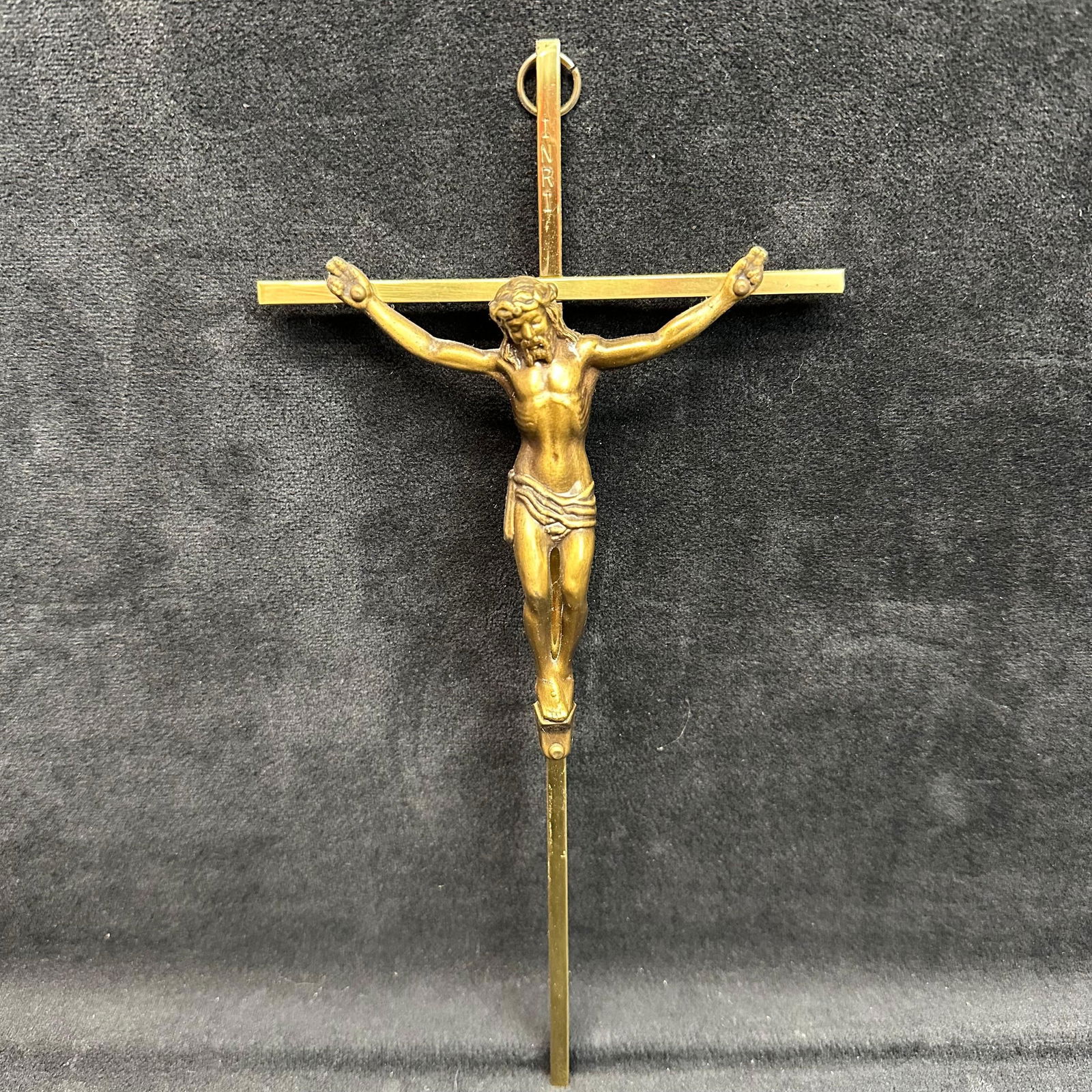 Brass Wall Crucifix Jesus on Cross with INRI Plaque (1 of 4)