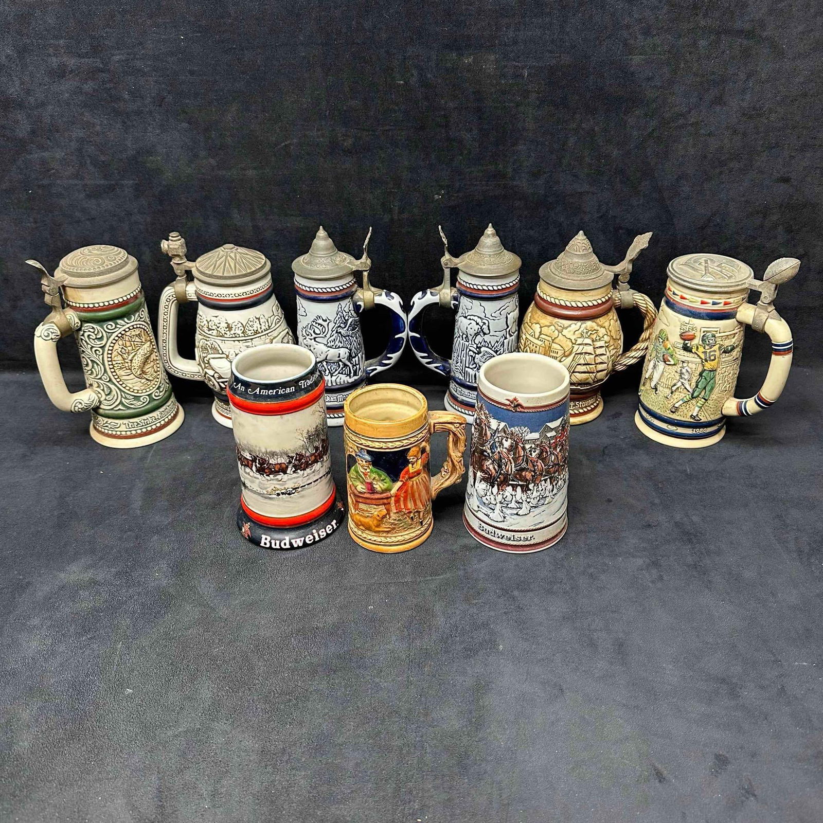 Nine Vintage German Ceramarte Brazil Lidded Embossed Beer Steins Avon Budweiser (1 of 12)