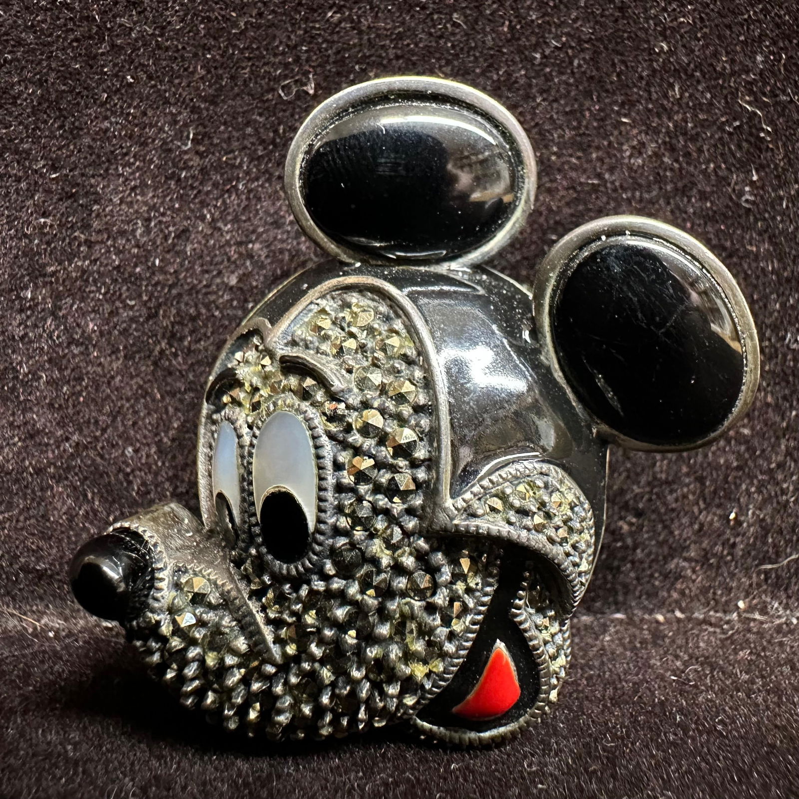Disney Mickey Mouse Face Head Sterling Enamel Marcasite Brooch (1 of 5)