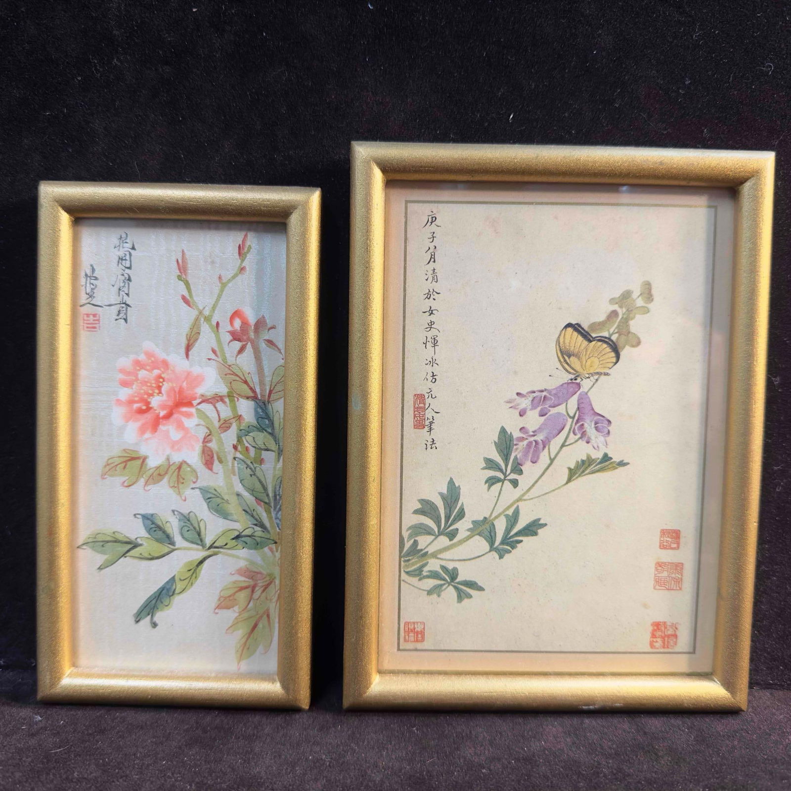 Chinese Floral Hand Painted Silk Artwork Painting Set: Chinese Floral Hand Painted Silk Artwork Painting Set. Each artwork represents floral and butterfly painting designs. Each artwork has a gold toned frame. These items are in good pre-owned,