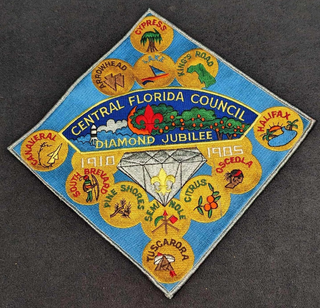 BSA Central Florida Council Diamond Jubilee Jacket Patch: BSA Central Florida Council Diamond Jubilee Jacket Patch. This is approx 8" x 7 3/4" and it weighs 0.07lb. The patch is missing color/graphic under 1985. 