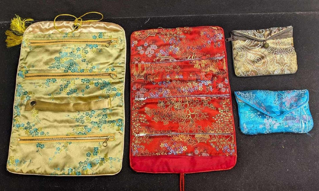Vintage Red Gold Asian Style Travel Jewelry And Mini Bags: Vintage Red Gold Asian Style Travel Jewelry And Mini Bags . Made to look like silk, these polyester bags are approx 8" x 1/8" x 11". Folded, these are 8" x 1/2" x5 3/4". The