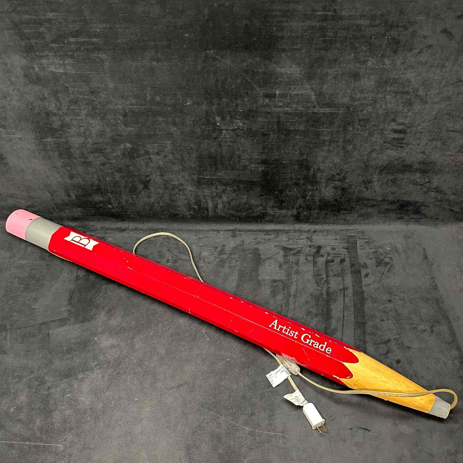 Pottery Barn Kids Artist Grade Red B Pencil Wall Lamp Light Up Sign Decor: Oversized wall-mounted pencil lamp by Pottery Barn Kids. Features a bold red and wood-tone "Artist Grade" design with integrated LED strip lighting that casts a soft glow when lit. Includes or