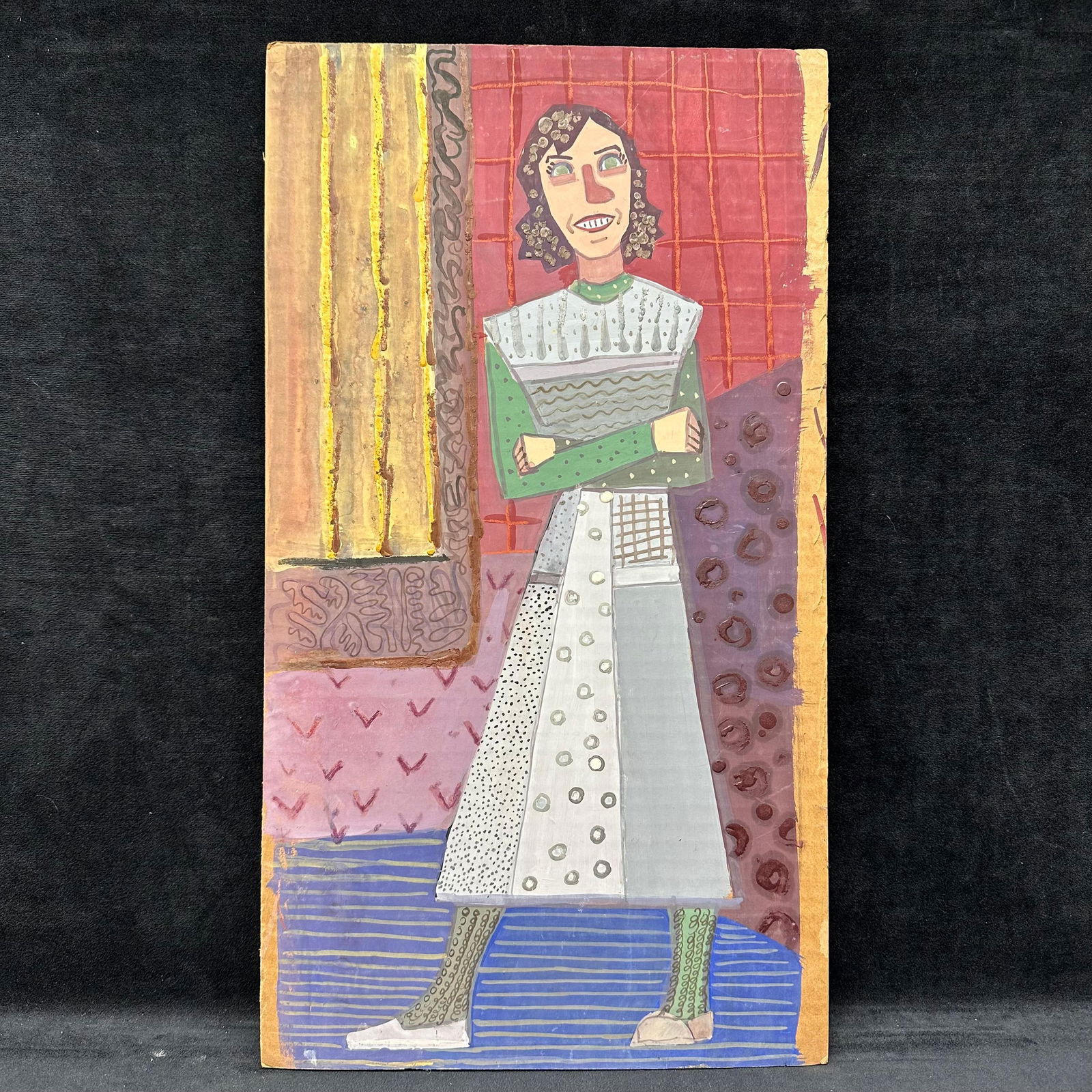 Folk Art Self Portrait Gouache Painting Dated 1948–49: Vintage folk art portrait painting depicting a standing female figure with folded arms wearing a patterned dress and green sleeves, set against a stylized interior background with decorative geometric