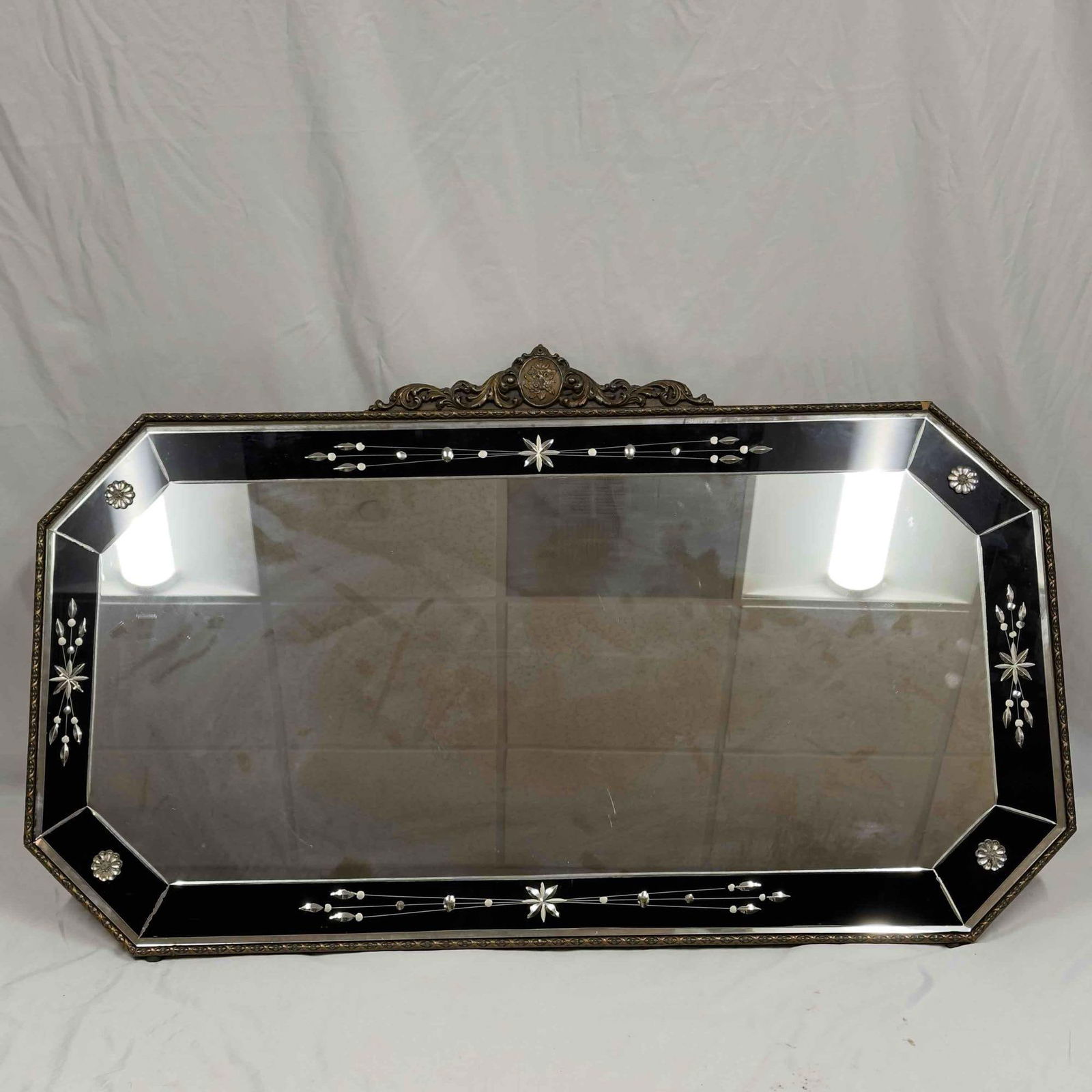 Black Floral Wall Mirror 42" Long Etched Glass Flower Design Wood Resin Frame: Beautiful Black Floral Etched Glass Wall Mirror 42" Long. This mirror features a wooden resin frame mount. While the glass mirror has a detailed design around the edges. There are four raised