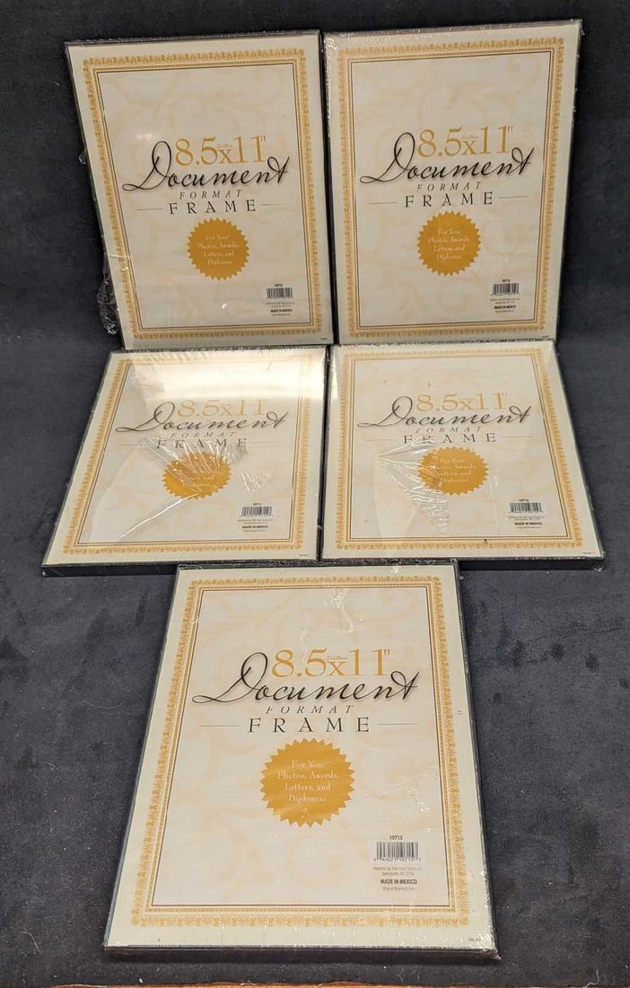 5 8.5" x 11" Document Format Frames: 5 8.5" x 11" Document Format Frames. Each plastic frame is approx 8 5/8" x 1/2" x 11" and the total weight is 4.03lb. Each frame is still wrapped in its original wrapping. The wrapping has some
