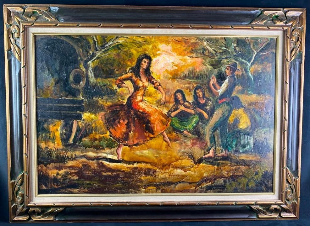 Signed Original Gypsy Painting: Signed Original Gypsy Painting Vintage oil on canvas gypsy scene with a woman and man dancing in a forest with other people sitting around watching. The painting is signed by an unkown artist. The
