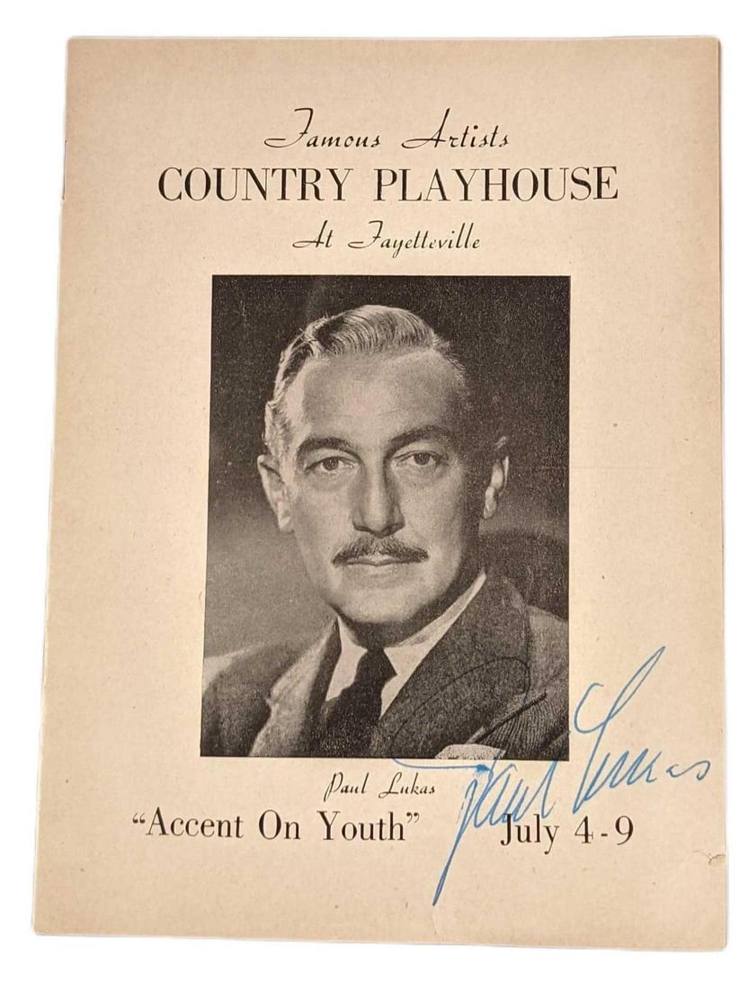 Paul Lukas Signed "Accent On Youth" Program: Paul Lukas Signed "Accent On Youth" Program. Paul Lukas performed as "Steven Gaye" on the Country Playhouse during the 1940s. Please note, this does not come with a COA and was acquired from a client