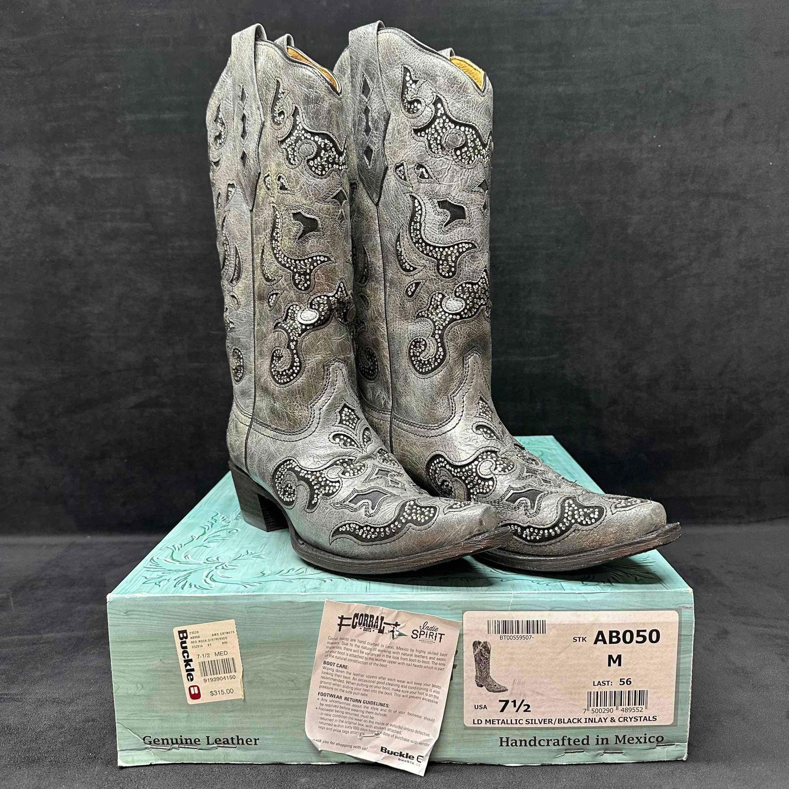 Corral Metallic Silver Black Inlay Rhinestone Accents Women's Boots 7.5M: Vintage Series Corral Boots, Embroidered cut-out distressed leather western boot, Rhinestone accents, Tall 13" shaft, snip toe, and a 2" heel. Additional rhinestones included. This item is in