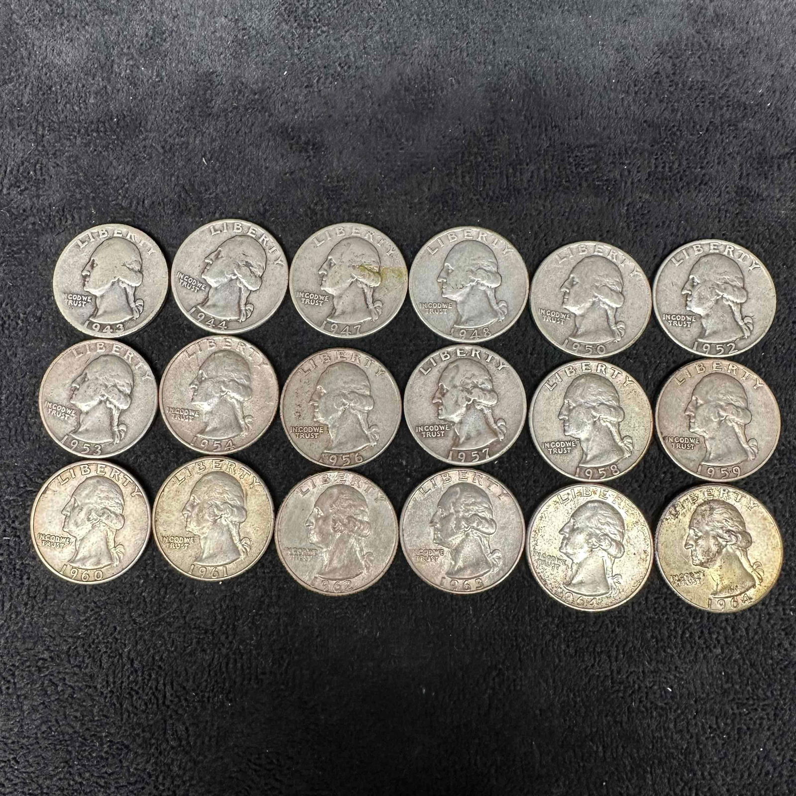 Quarter Coin Set of 18 Eighteen Silver Washington Quarters F65: These coins have been tested and researched to the best of our ability prior to listing. Please view photos, as they are a part of the condition. DETAILS: Metal - .900 SilverTested - YesSize - 24.3