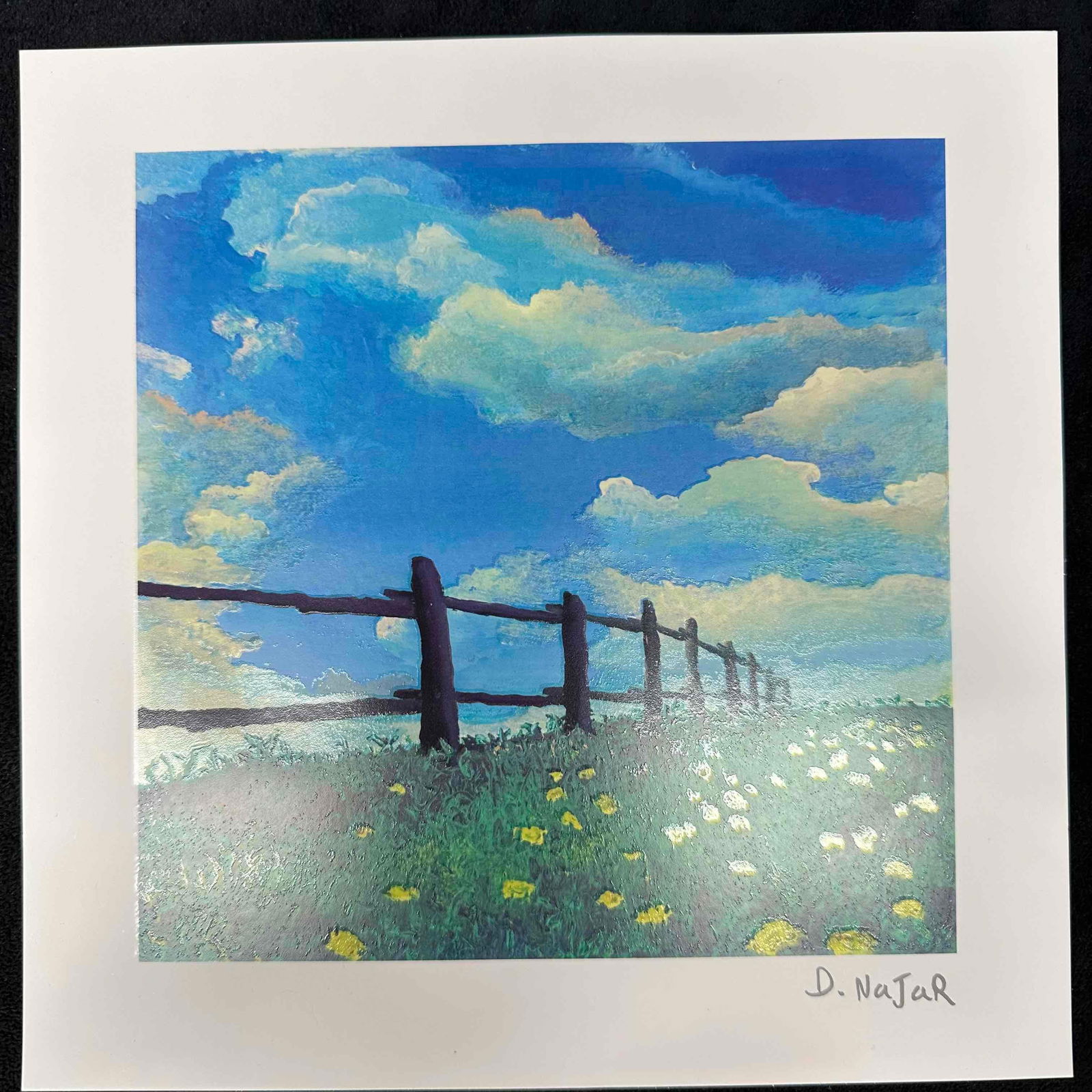 David Najar Seriolithograph Fence Line 7" x 7": David Najar Fence Line 2013 seriolithograph in color on archival paper. Signed by artist in plate. Includes Park West COA. This lot contains a David Najar Print. Please reference all of the photograph