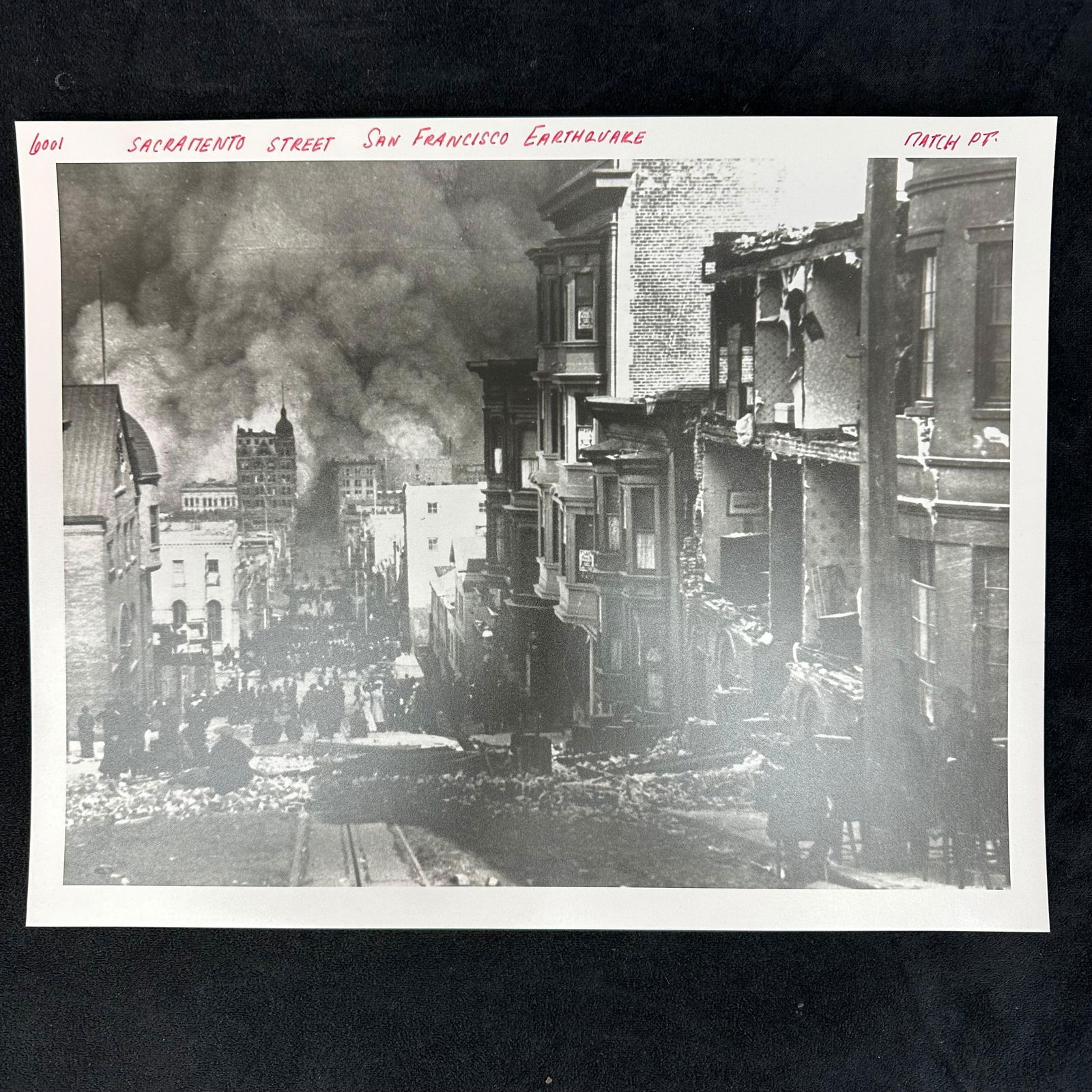 San Francisco Earthquake Fire Aftermath Sacramento Street Black and White Analog Photo Print: Black-and-white analog photo print capturing the devastating aftermath of the 1906 San Francisco earthquake and fire. The powerful image shows Sacramento Street view with collapsed buildings, rubble,