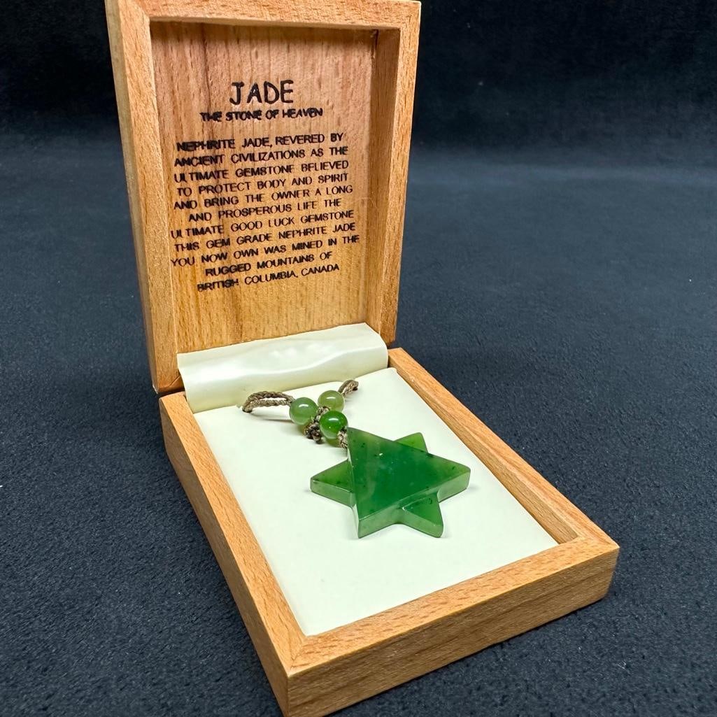 Star of David Jade Necklace: This piece of jewelry has been tested and researched prior to listing. Please view all our pictures they are part of our description. DETAILS: Metal - none Color - Green Stones - Nephrite Jade Hallma