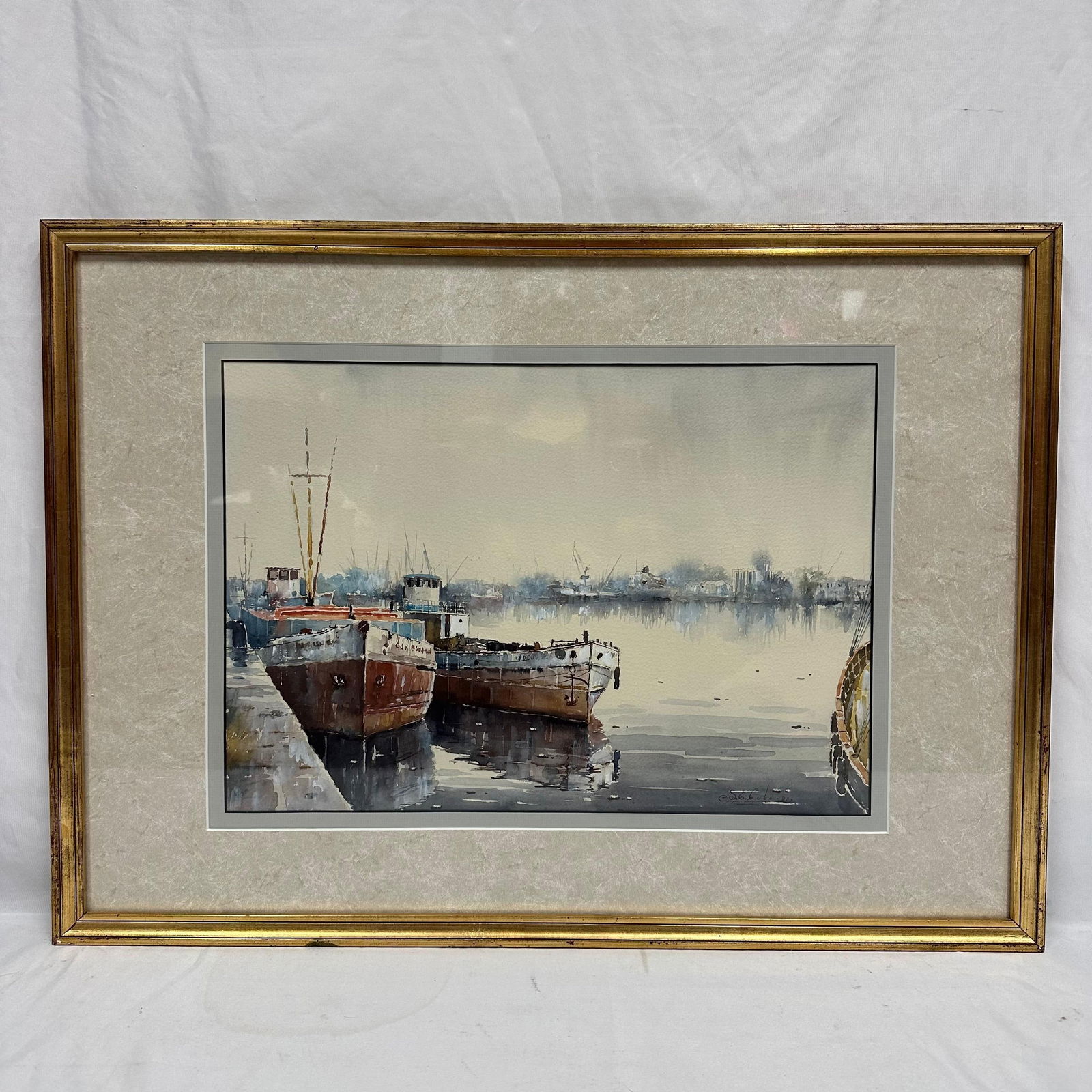 Watercolor Harbor Scene with Docked Boats Signed Framed Seascape (1 of 8)