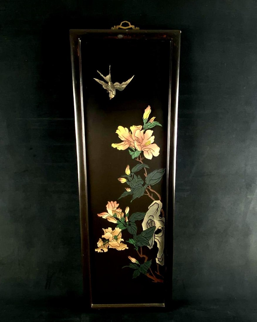 Vintage Chinese Signed Black Lacquer Hand Painted Carved Bird Wall Panel #3 (1 of 5)