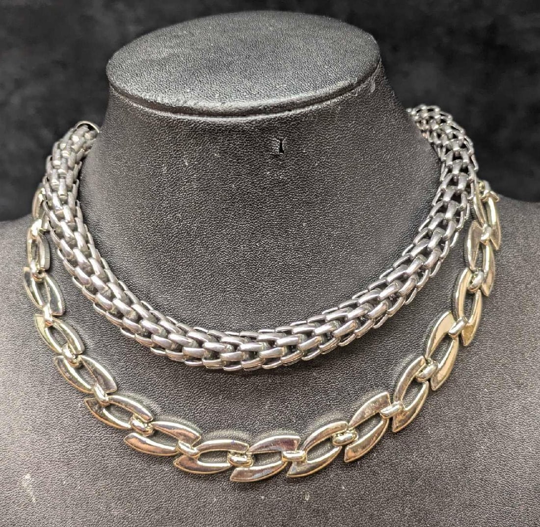 Napier And Monet Silver Tone Choker Necklaces: Napier And Monet Silver Tone Choker Necklaces. This lot includes: (1) Napier Silver Tone Chain Necklace. This is approx 17". (1) Monet Silver Tone Link Necklace. This is approx 16". Has some
