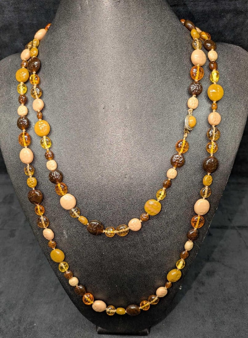 Vintage Handmade Long Browns And Tans Glass Beaded Necklace (1 of 4)