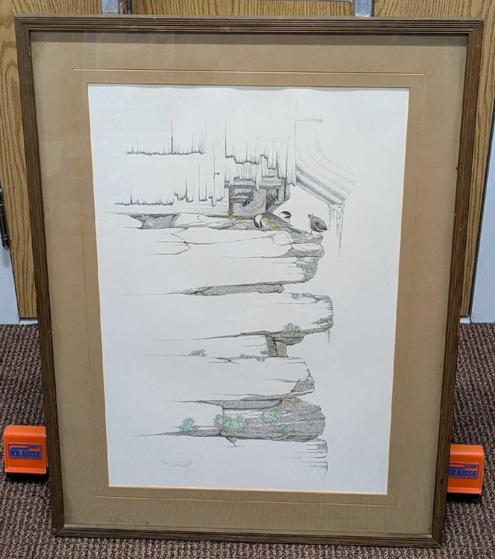 Framed Peter Parnall Chickadees S&N Print: Framed Peter Parnall Chickadees S&N Print. This one is #215 out of #1500. The framed print is approx 24" x 3/4" x32 1/4" and it weighs 8.20 lbs. The matting has some markings/damp stai