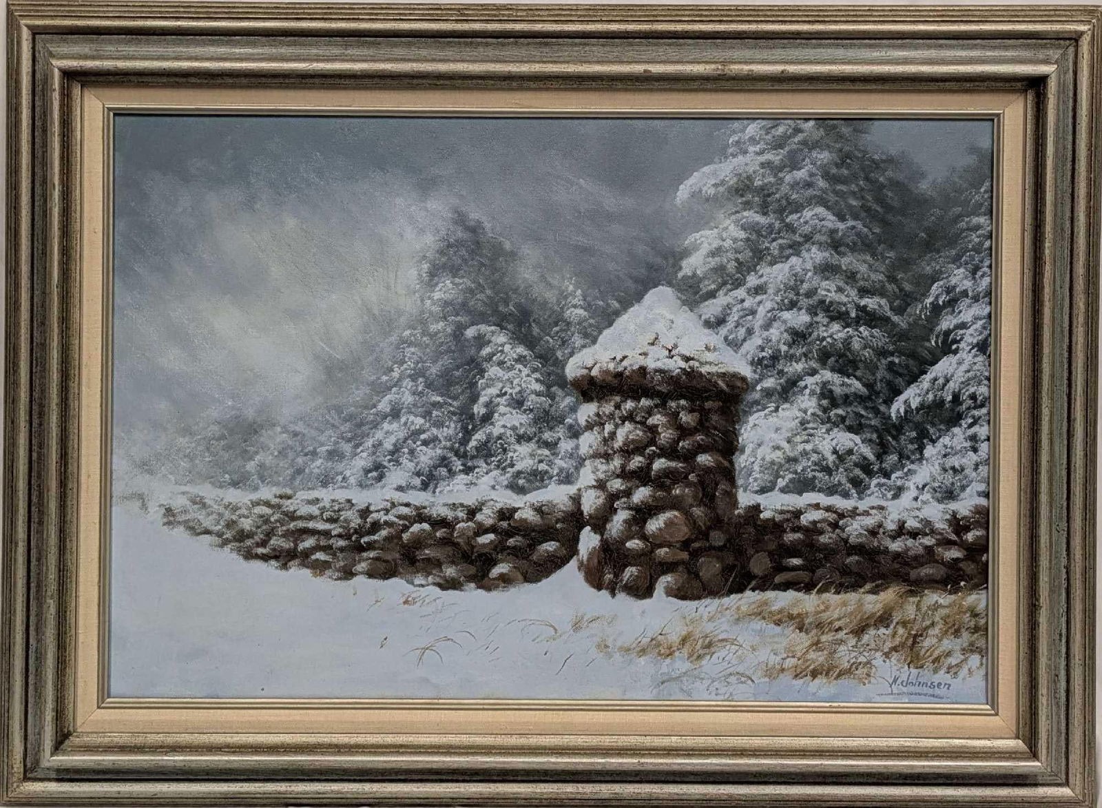 Framed Harold Johnsen Original Oil On Canvas Snow Squall JB 223: Framed Harold Johnsen Original Oil On Canvas Snow Squall JB 223. This is approx 37" x 2" x 27" and it weighs 8lbs. The original was signed by the artist on the bottom right of the canvas. The