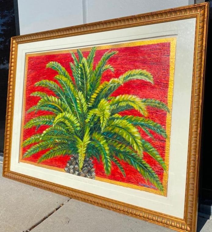 Maria Reyes Jones Acrylic on Paper Palm Tree: Maria Reyes Jones Acrylic on Paper Palm Tree Original acrylic on paper painting of a palm tree on a red background by Florida artist Maria Reyes Jones. Jones is known for her use of bold colors