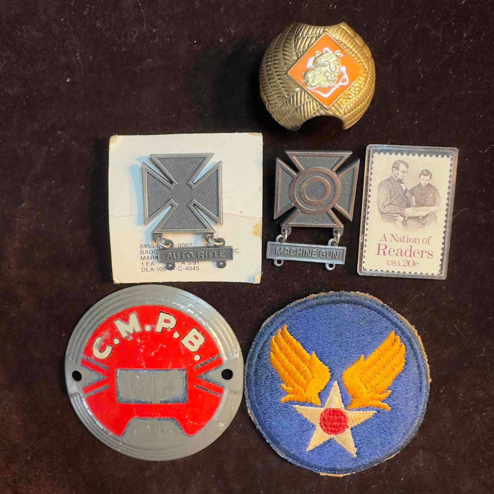 WW2 Air Force Patch Boy Scout Various Badges Collectibles Stamp Set Lot of Six: WW2 Air Force Patch Boy Scout Various Badges Collectibles Stamp Set Lot of Six. This set includes various collectibles from WW2 patch, military badges, a stamp, Boy Scout scarf tie, and metal decal.