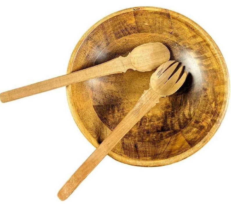Vintage Wooden Serving Salad Bowl W Salad Servers: Vintage Wooden Serving Salad Bowl With Salad Servers. Serving spoon and fork have etchings. The bowl is approx 10" x 10" x 3". The serving spoon and fork are approx 10 1/2". Together they weigh