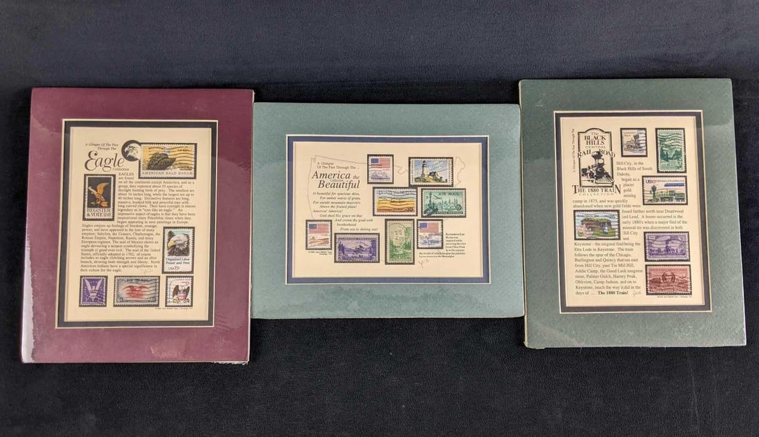Historical Stamp Posters "A Glimpse Of The Past": Historical Stamp Posters "A Glimpse Of The Past" These are by Jack Rabbit Studio Durango CO and called Stamp Art. This lot comes with three matted posters that are shrink-wrapped. The