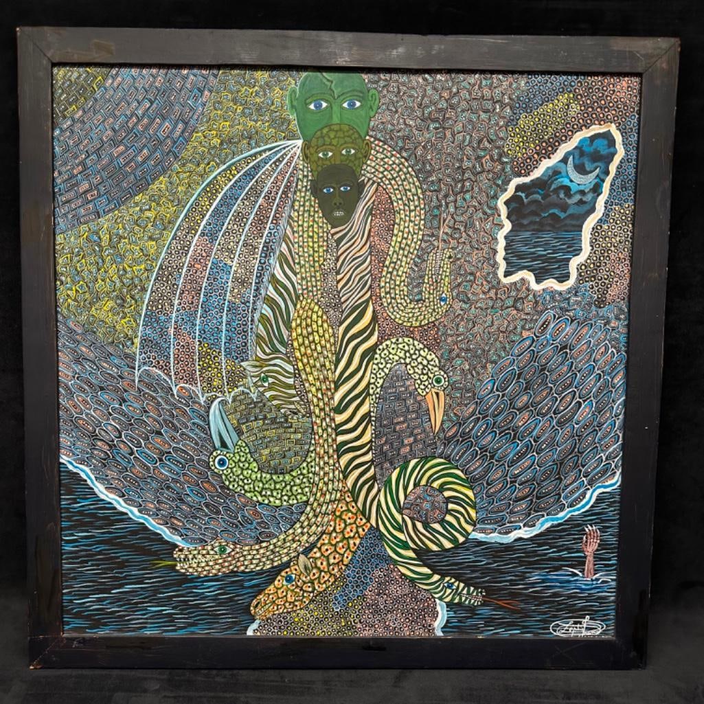 Original Oil on Board Frantz Zephirin: Original Oil on Board Frantz Zephirin 24" x 24" original oil on board by renown Haitian artist Frantz Zephirin. Shows a group of intertwined animals and people with serpent-like bodies,