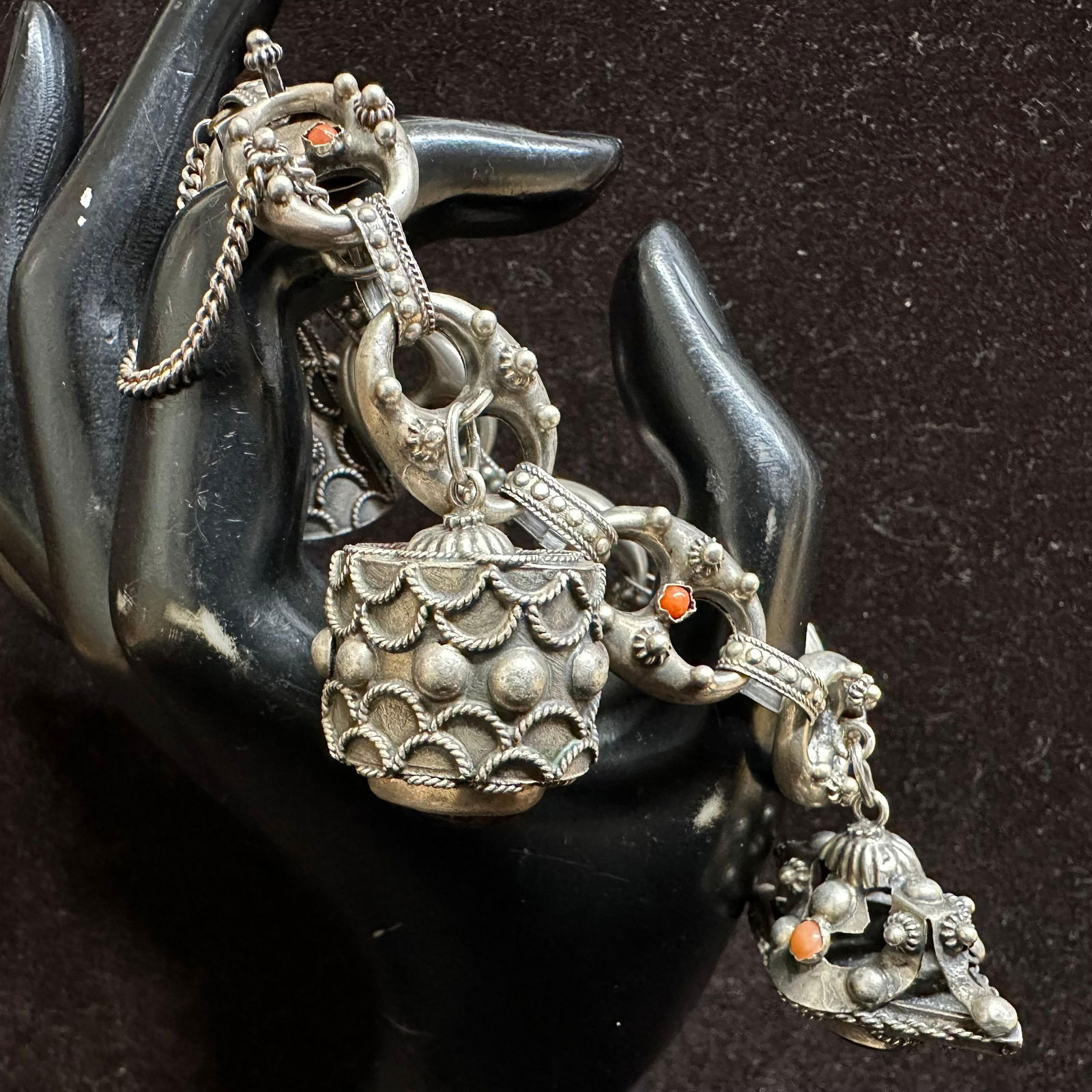 800 Silver Amber Tigers Eye Ornate Fob Charms Bracelet R10 (1 of 6)