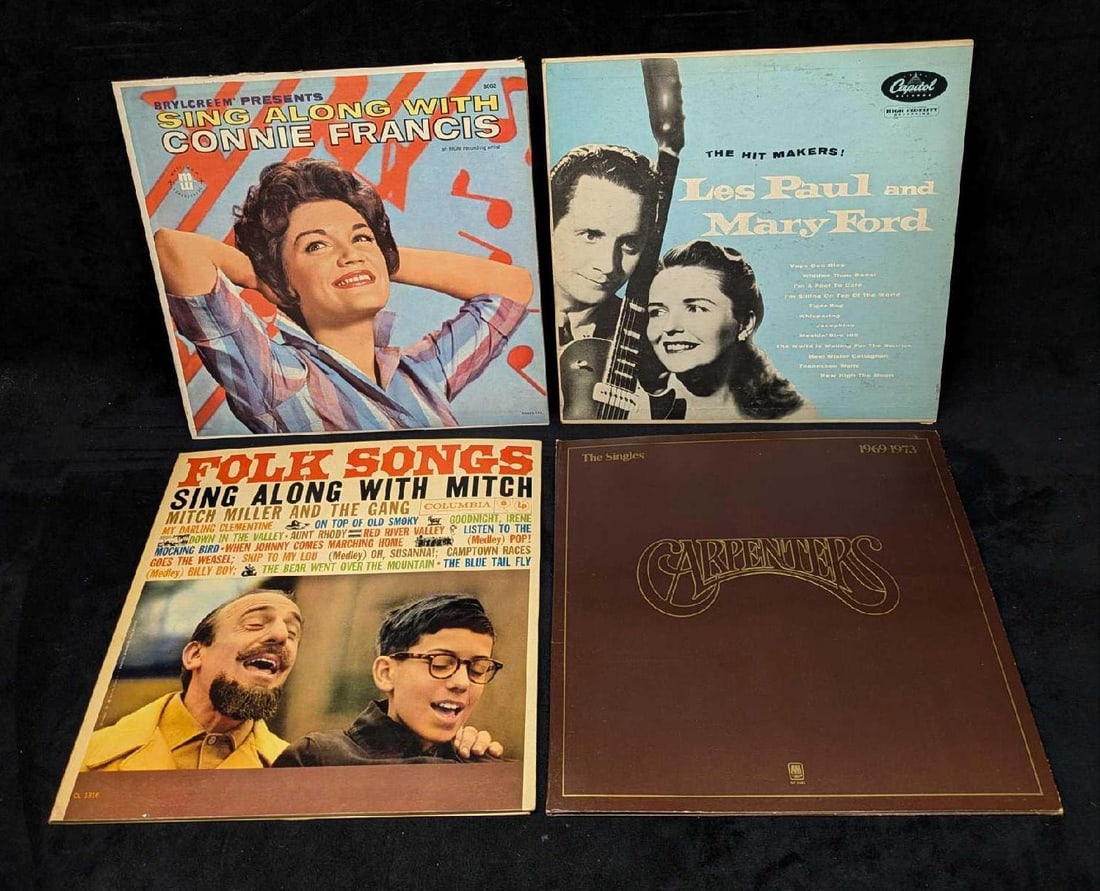 4 Mitch Miller Carpenters Connie Francis Les Paul & Mary Ford LPs: 4 Mitch Miller Carpenters Connie Francis Les Paul & Mary Ford LPs. This lot includes: (1) Mitch Miller And The Gang ?– Folk Songs Sing Along With Mitch. This was released by Columbia in the yea