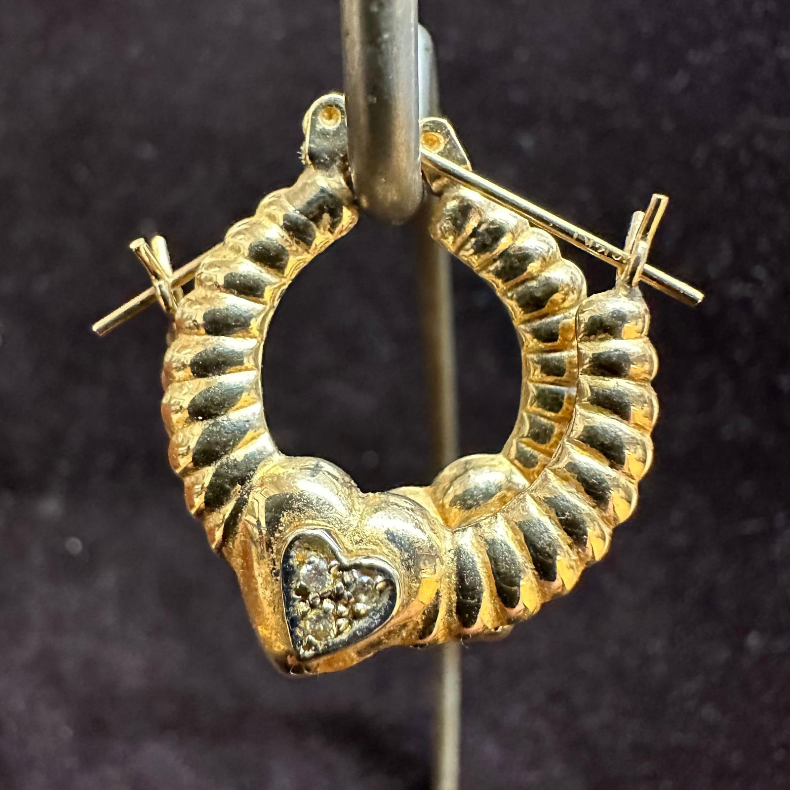 Ribbed Hoop Heart Design 14K Gold Accent Diamond Earrings V14 (1 of 5)